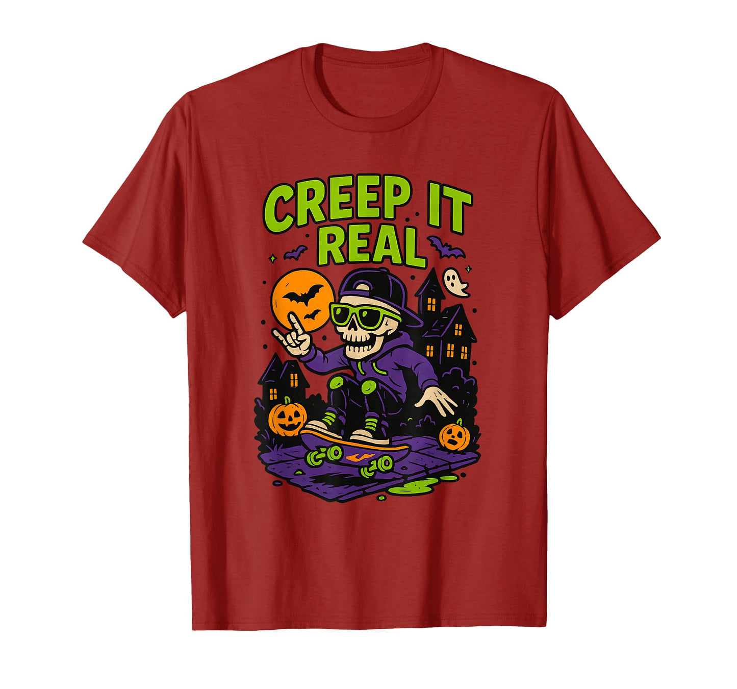 Creep It Real Halloween Skeleton Skateboarding Spooky Design T-Shirt