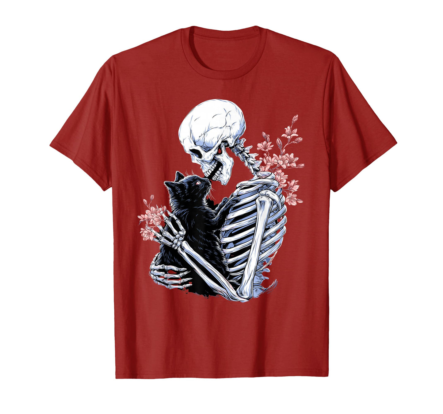 Skeleton Hugging Black Cat Floral Halloween Cats Mom Lover T-Shirt