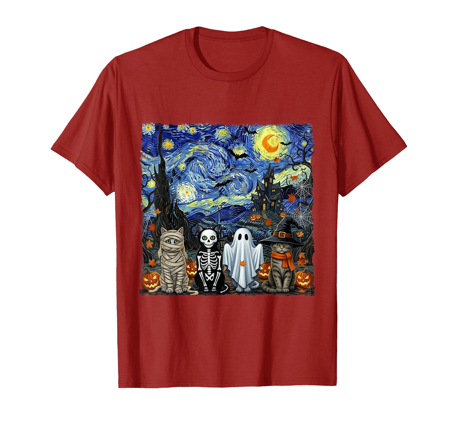 Halloween Funny Cats Ghosts Costume Starry Night Van Gogh T-Shirt