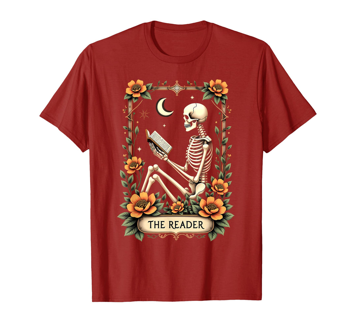 Floral Tarot Card The Reader Skeleton Reading Book T-Shirt