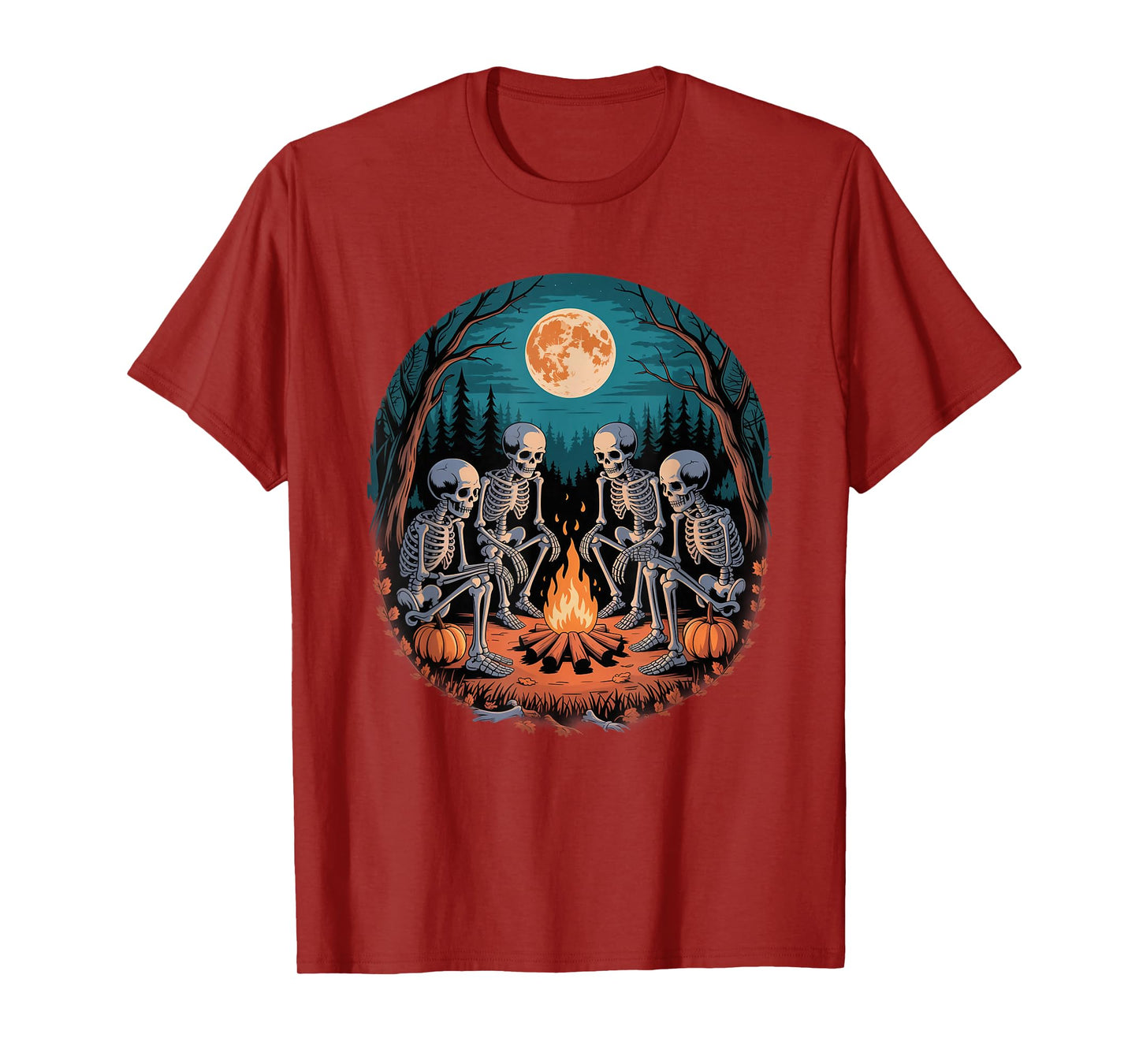 Skeleton Camper Hiker Bonfire Halloween Camping T-Shirt