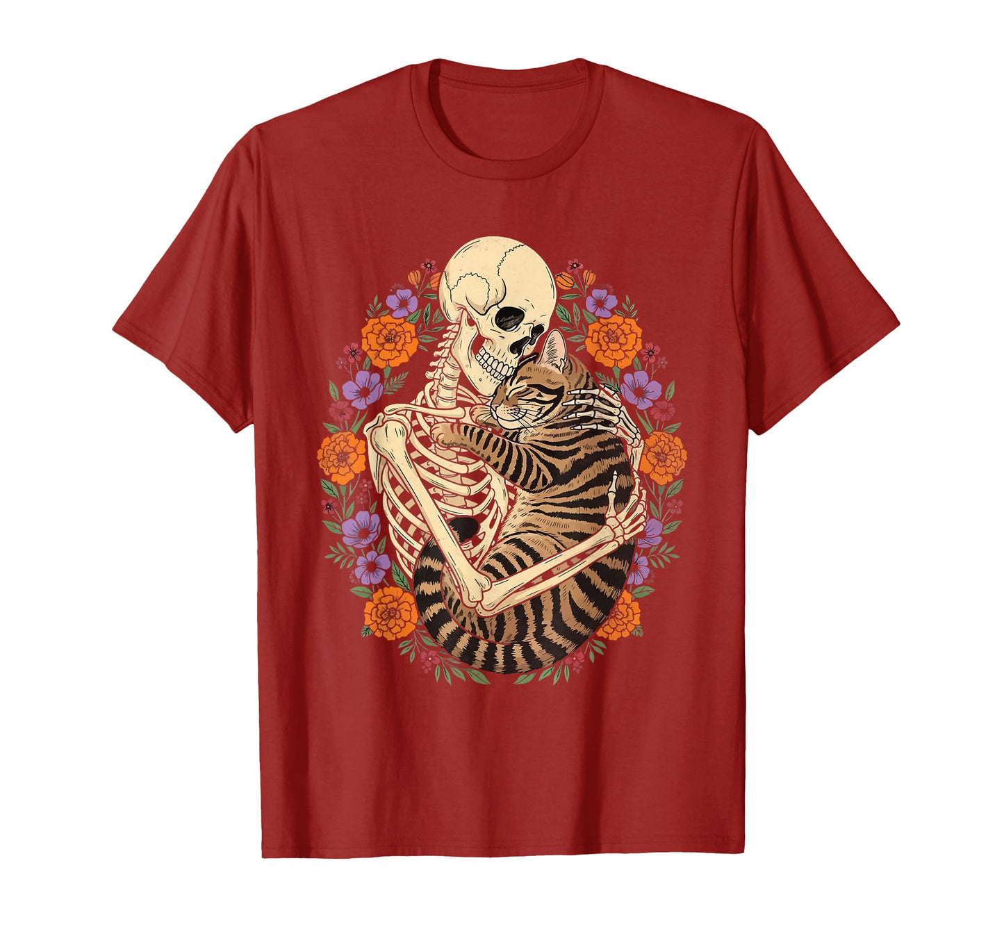Skeleton Hugging Cat Halloween Gothic Floral Cat Lover T-Shirt