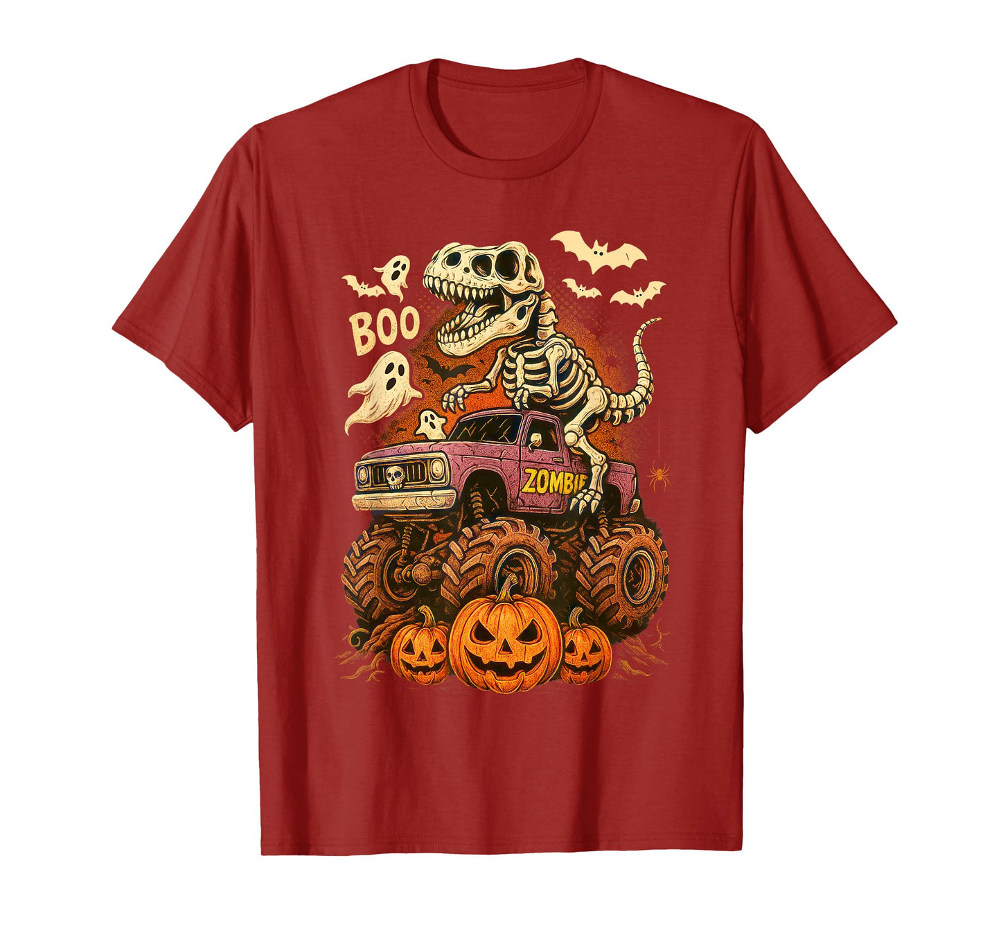 Skeleton T Rex Dinosaur Riding Monster Car Boo Halloween T-Shirt