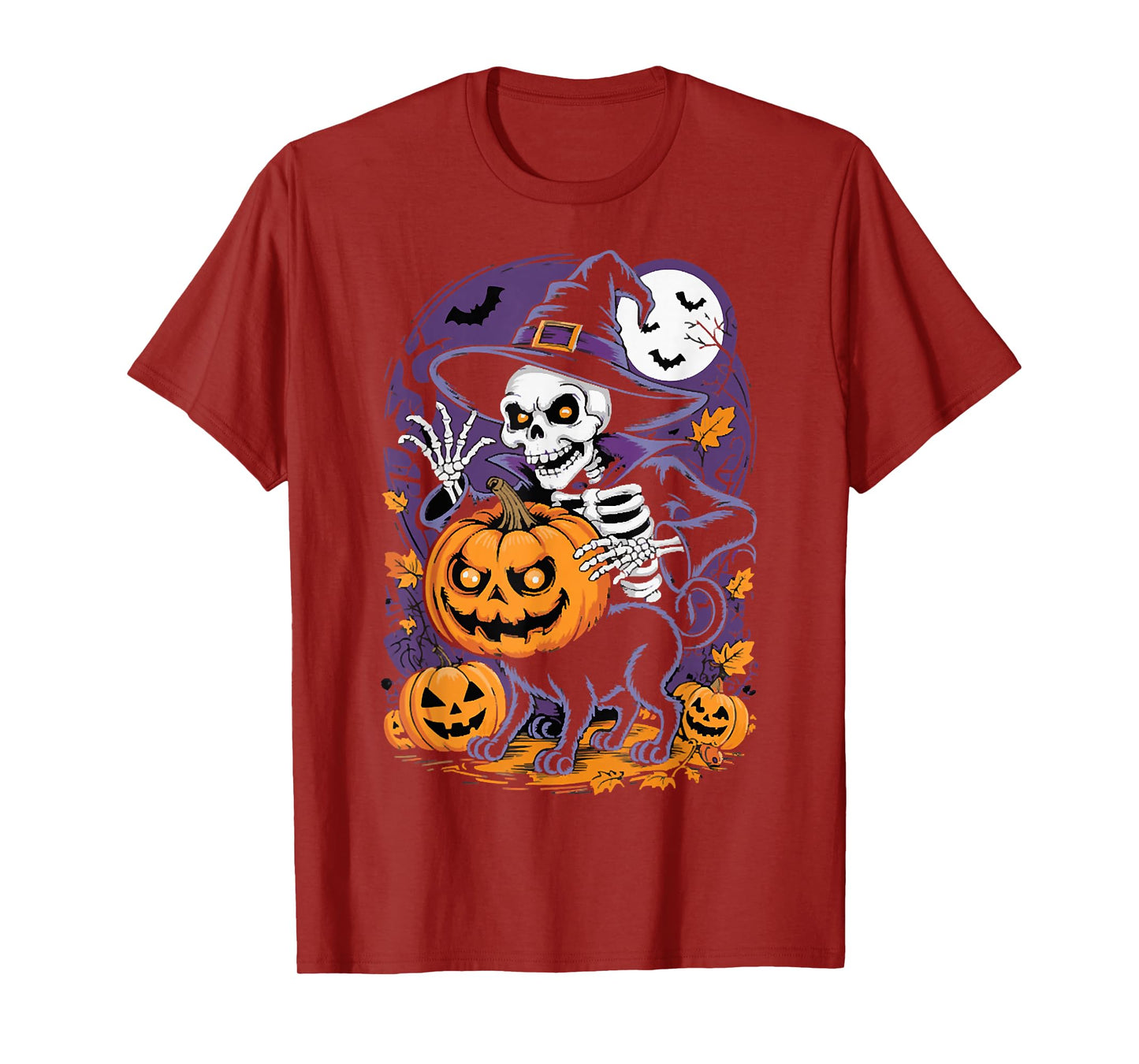 Spooky Skeleton with Jack-o'-Lanterns Cat, Happy Halloween T-Shirt