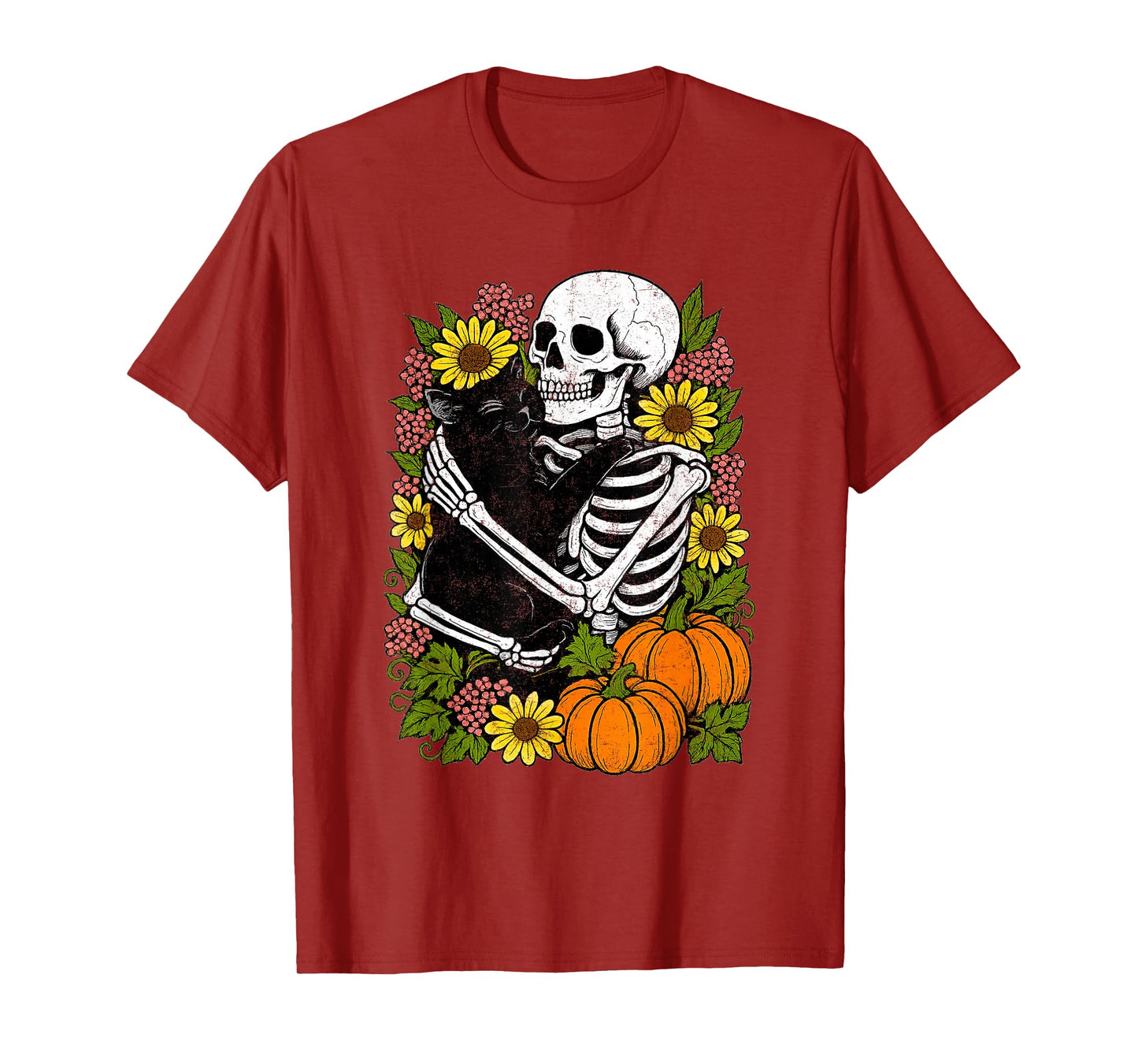 Skeleton Hugging Black Cat Funny Halloween Cats Lover T-Shirt