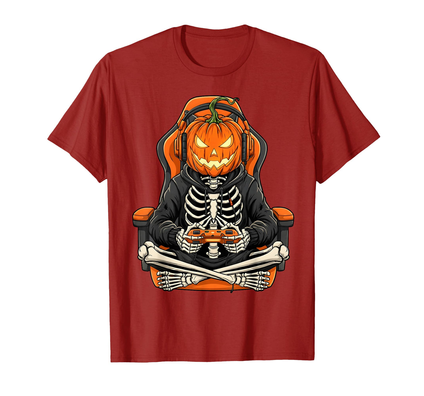Halloween Skeleton Gamer Pumpkin Video Gaming Boys Men Kids T-Shirt