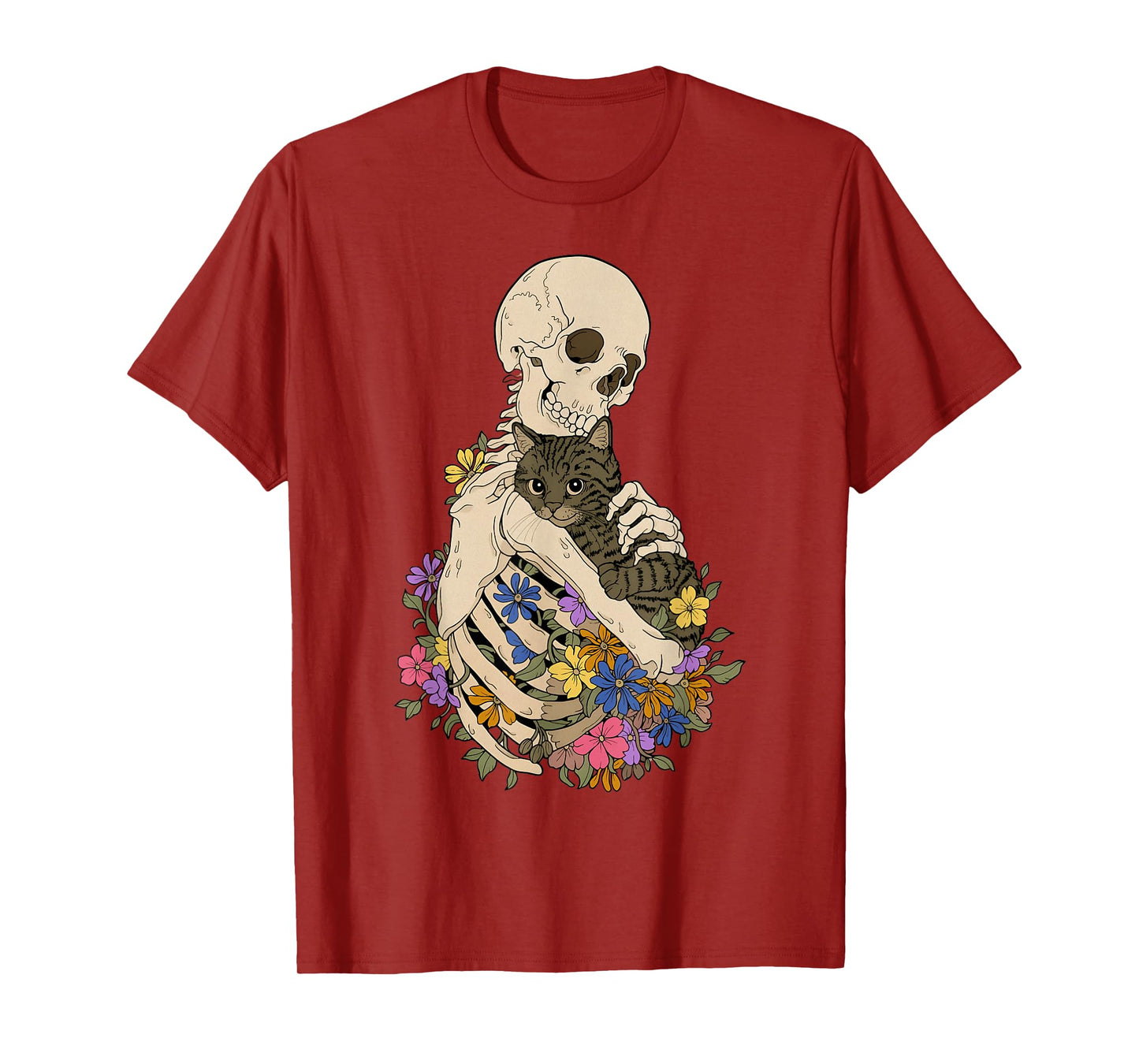 Skeleton Hugging Cat Floral Halloween Cats Lovers T-Shirt