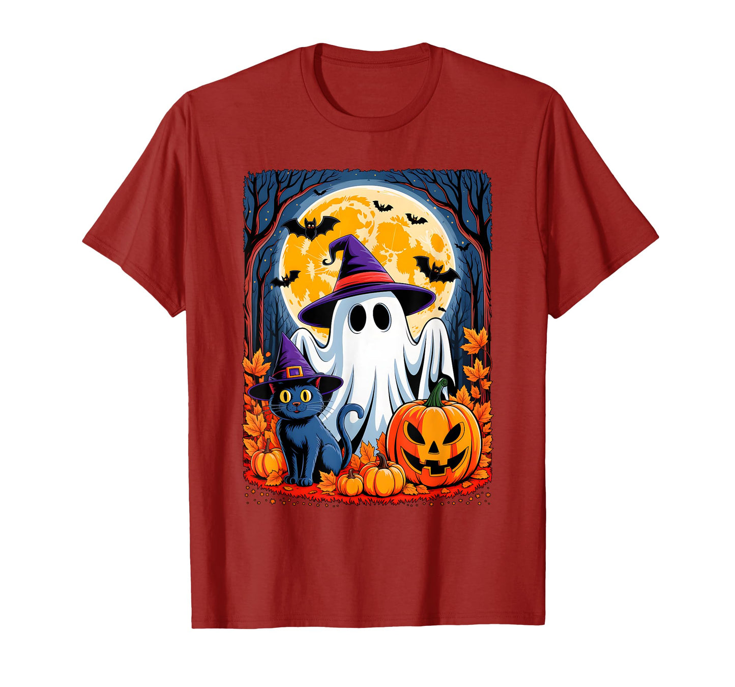 Cute Ghost Black Cat Halloween Witch Pumpkin Dark Forest T-Shirt