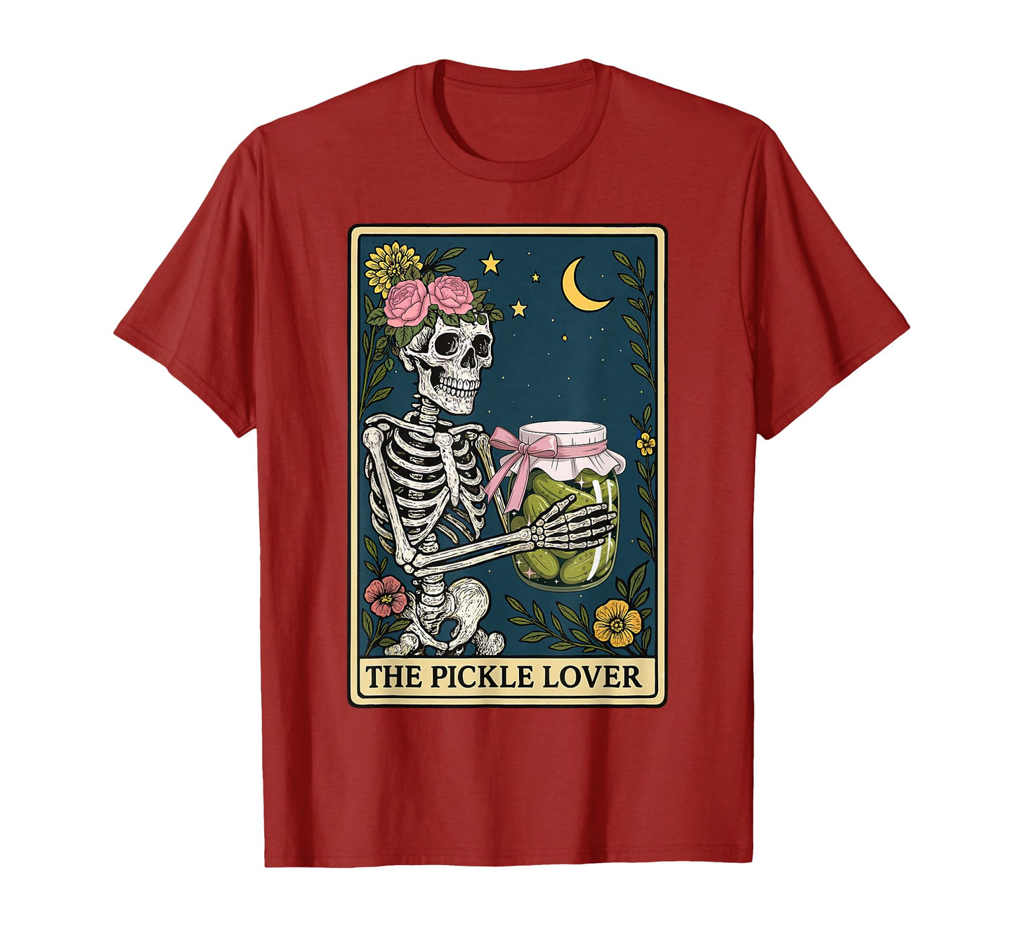 The Pickle Lover Skeleton Floral Tarot Card Halloween Women T-Shirt