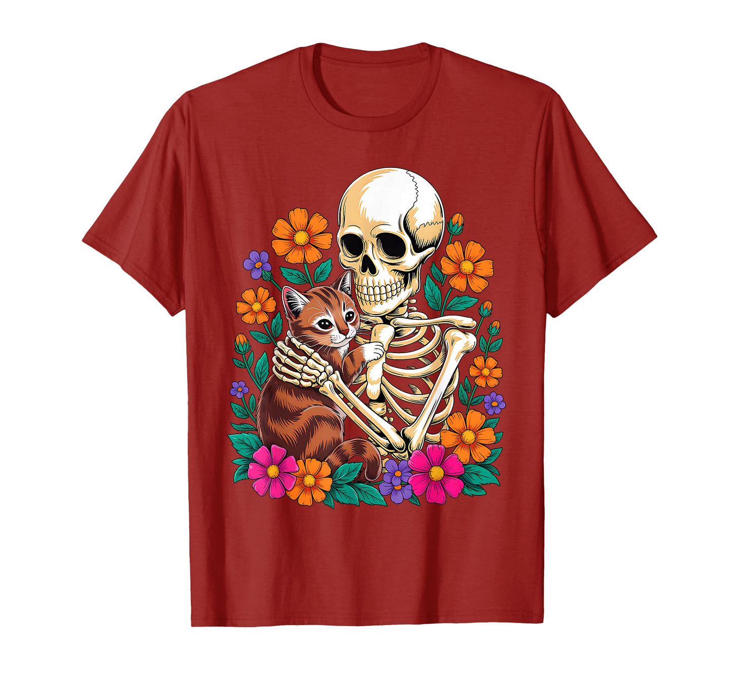 Skeleton Hugging Cat Floral Funny Halloween Cats Lover T-Shirt