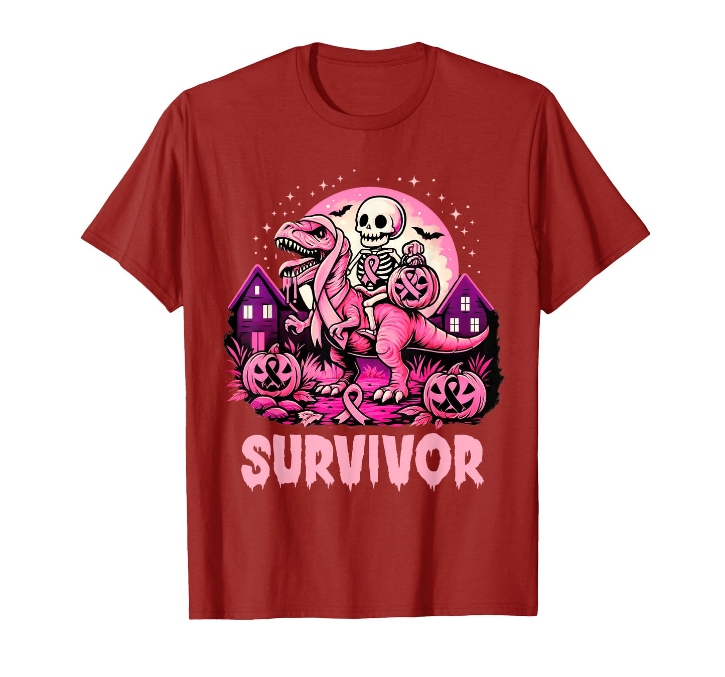 Skeleton Dinosaur T Rex Scary Pumpkin Breast Cancer Survivor T-Shirt