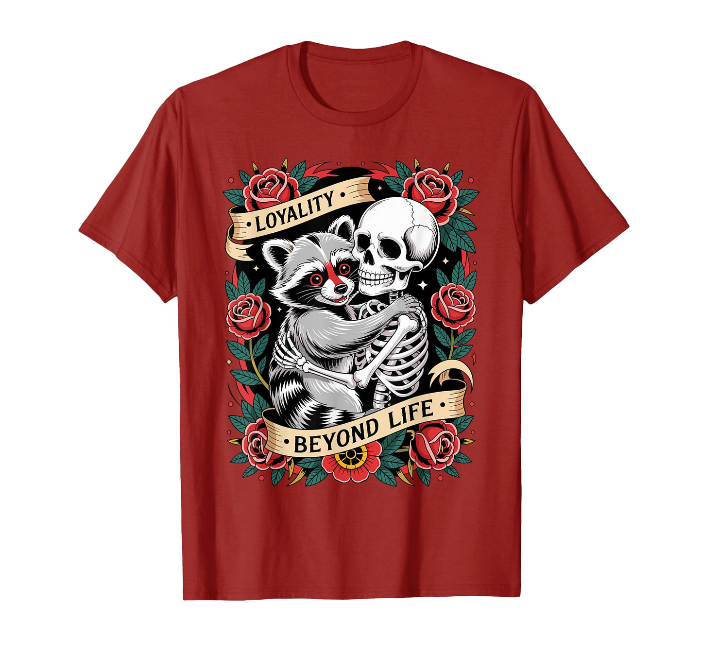 Funny Skeleton and Raccoon Loyalty Beyond Life Tattoo Style T-Shirt