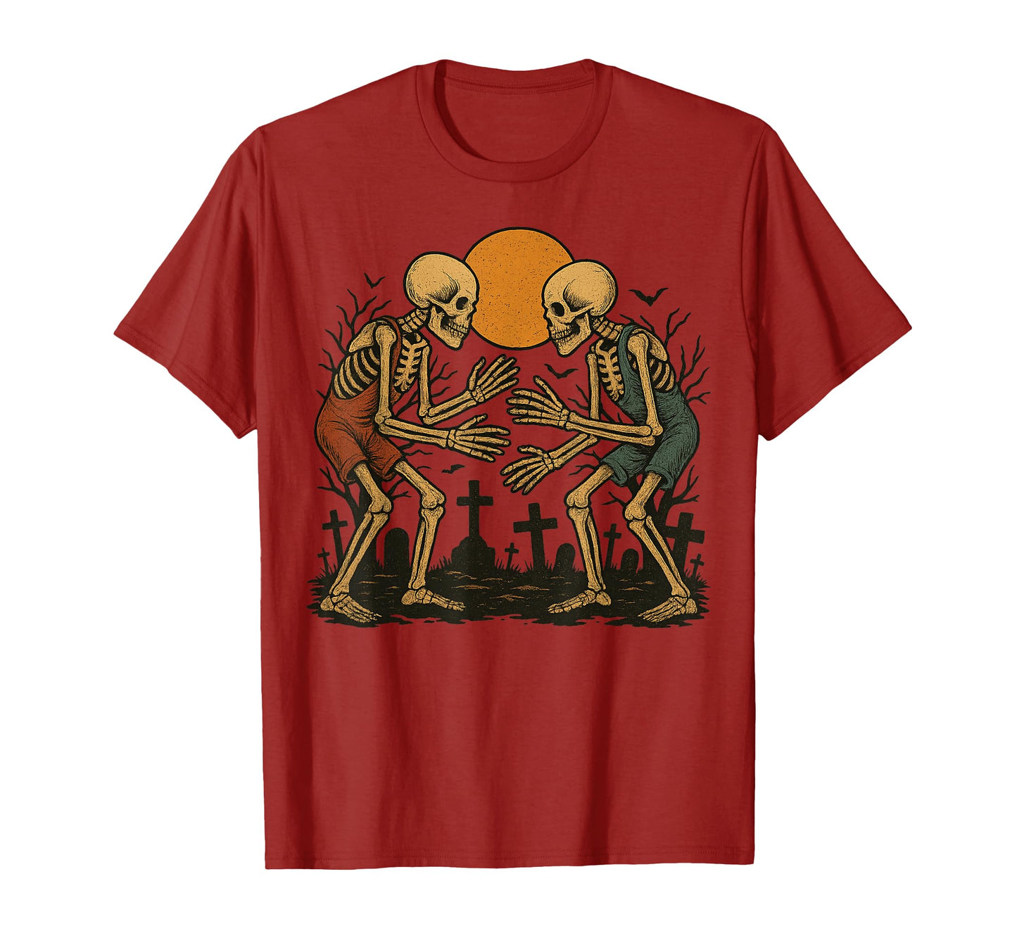 Spooky Skeletons Dancing Under Full Moon Halloween Wrestler T-Shirt