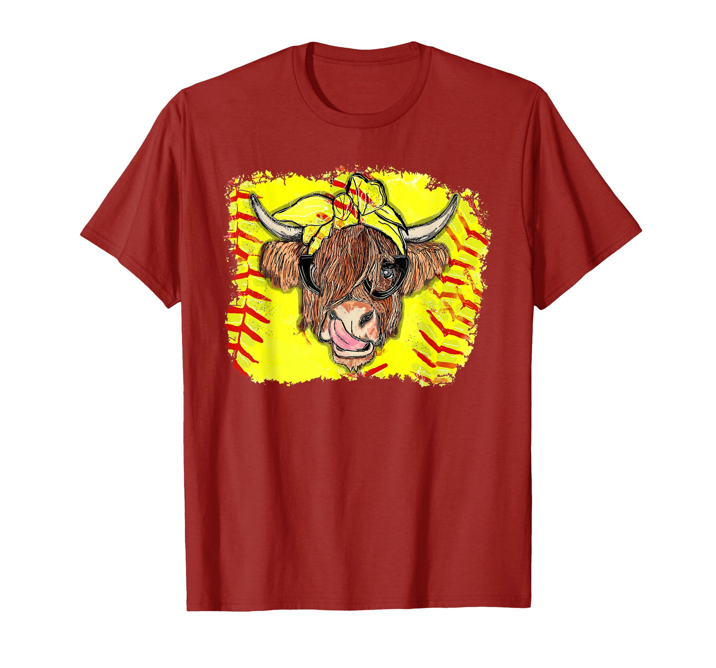 Softball Highland Cow With Bandana Glasses Happy Mother's T-Shirt
