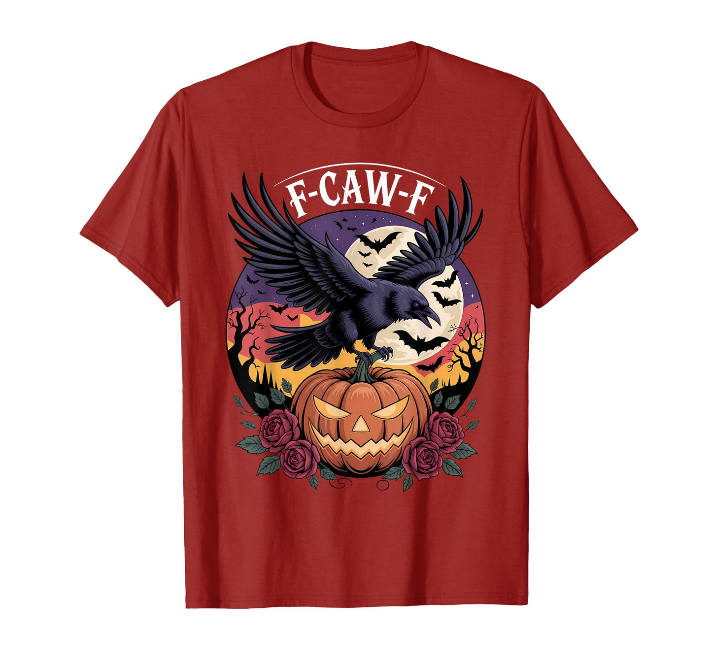 F CAW F Crow Raven Spooky Bird Funny Scary Pumpkin Full Moon T-Shirt