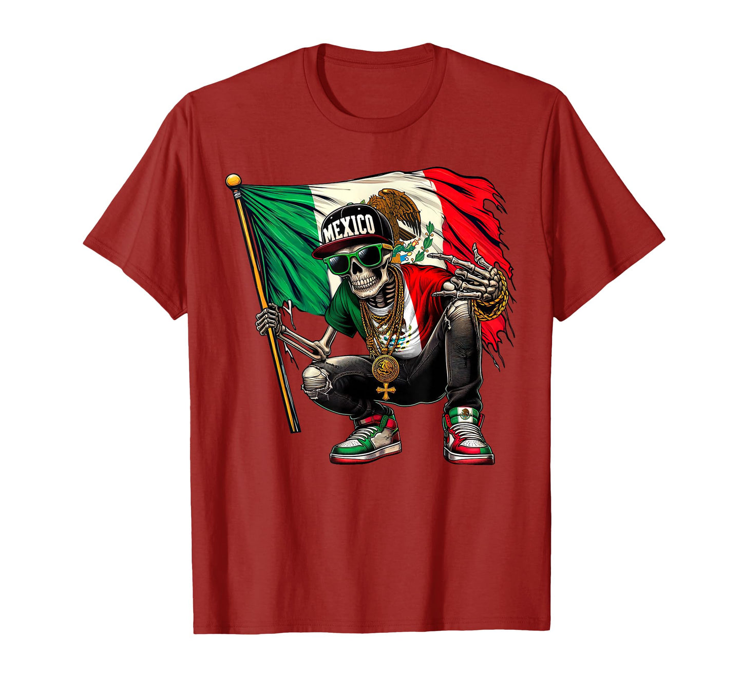 Distressed Mexico Flag Skull Rock Skeleton Shirts Men Boys T-Shirt