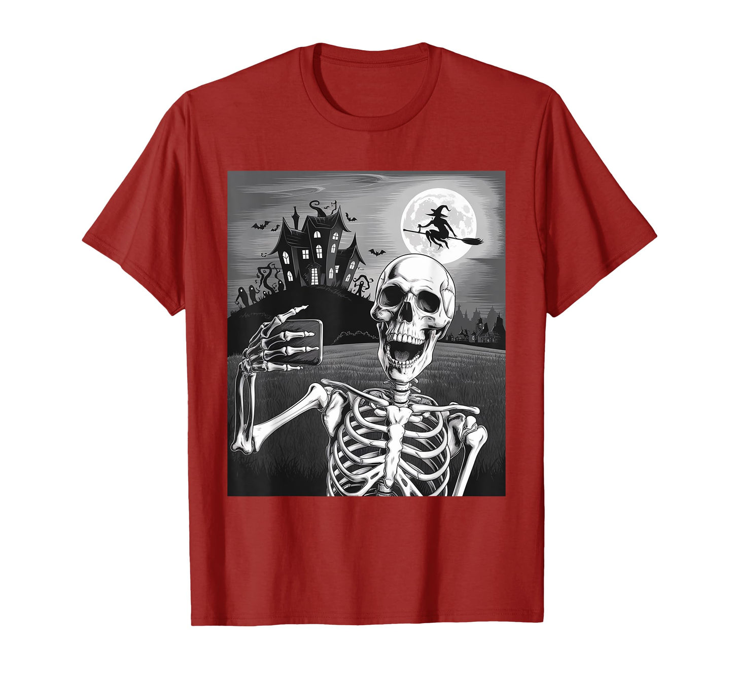 Halloween Skeleton Selfie with Scary House for Men Women Kid T-Shirt