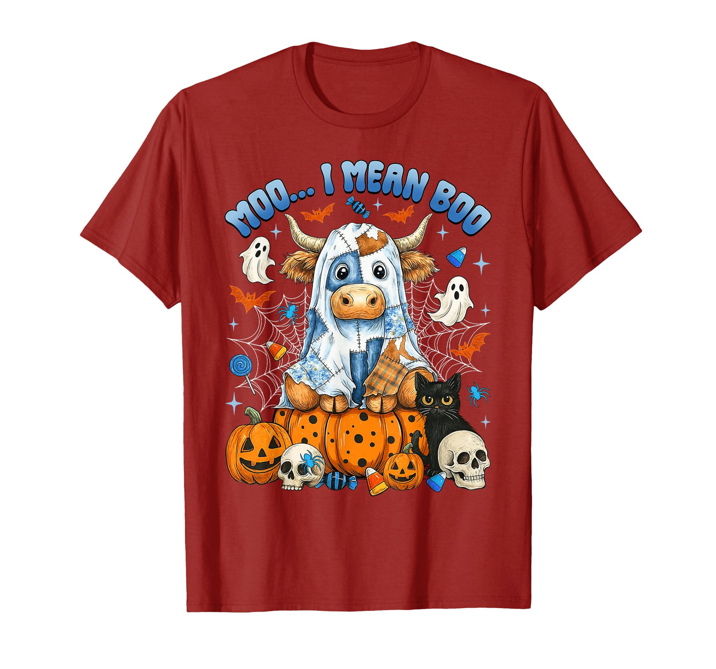 Moo I Mean Boo Funny Highland Cow Ghost Halloween Women Kids T-Shirt