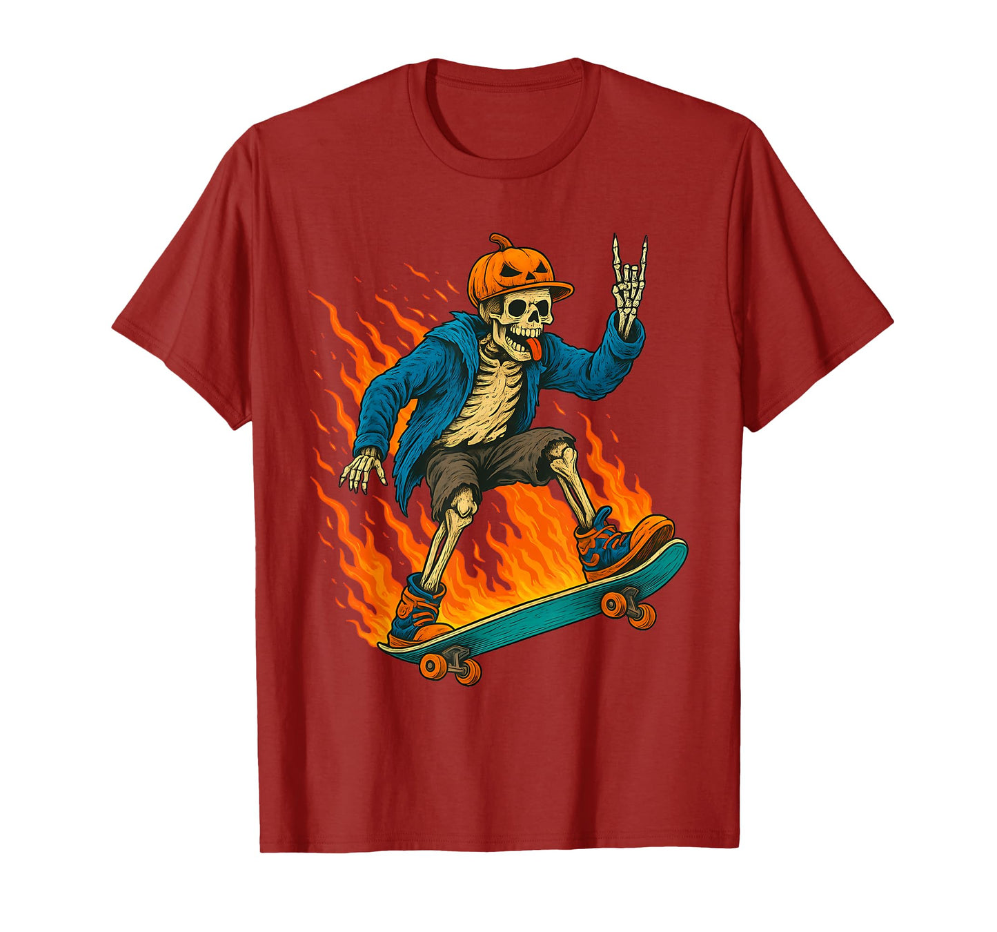 Halloween Skeleton Skateboarding Pumpkin Flame Spooky Design T-Shirt
