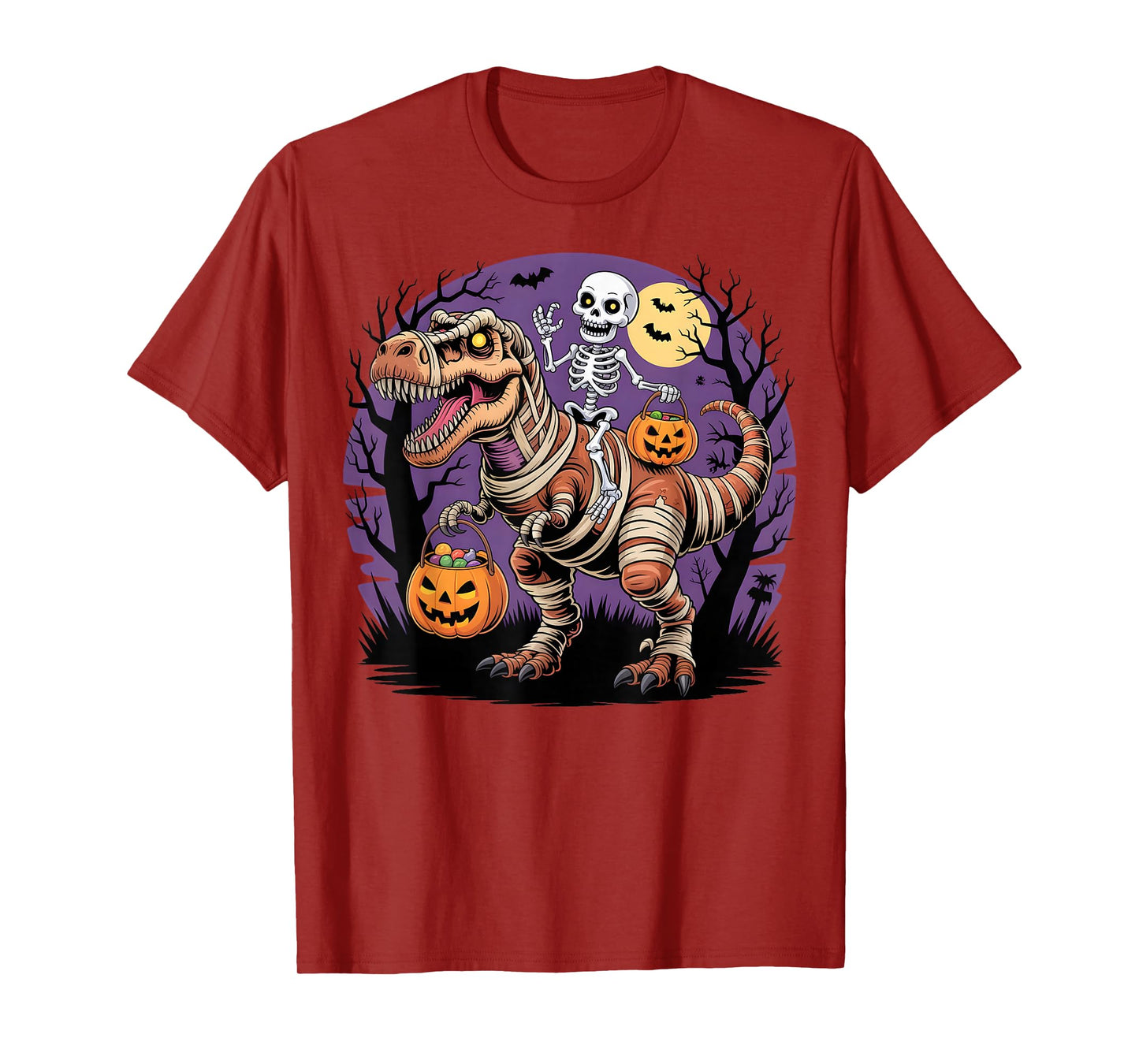 Skeleton Riding Mummy Dinosaur T-rex Halloween Funny Pumpkin T-Shirt