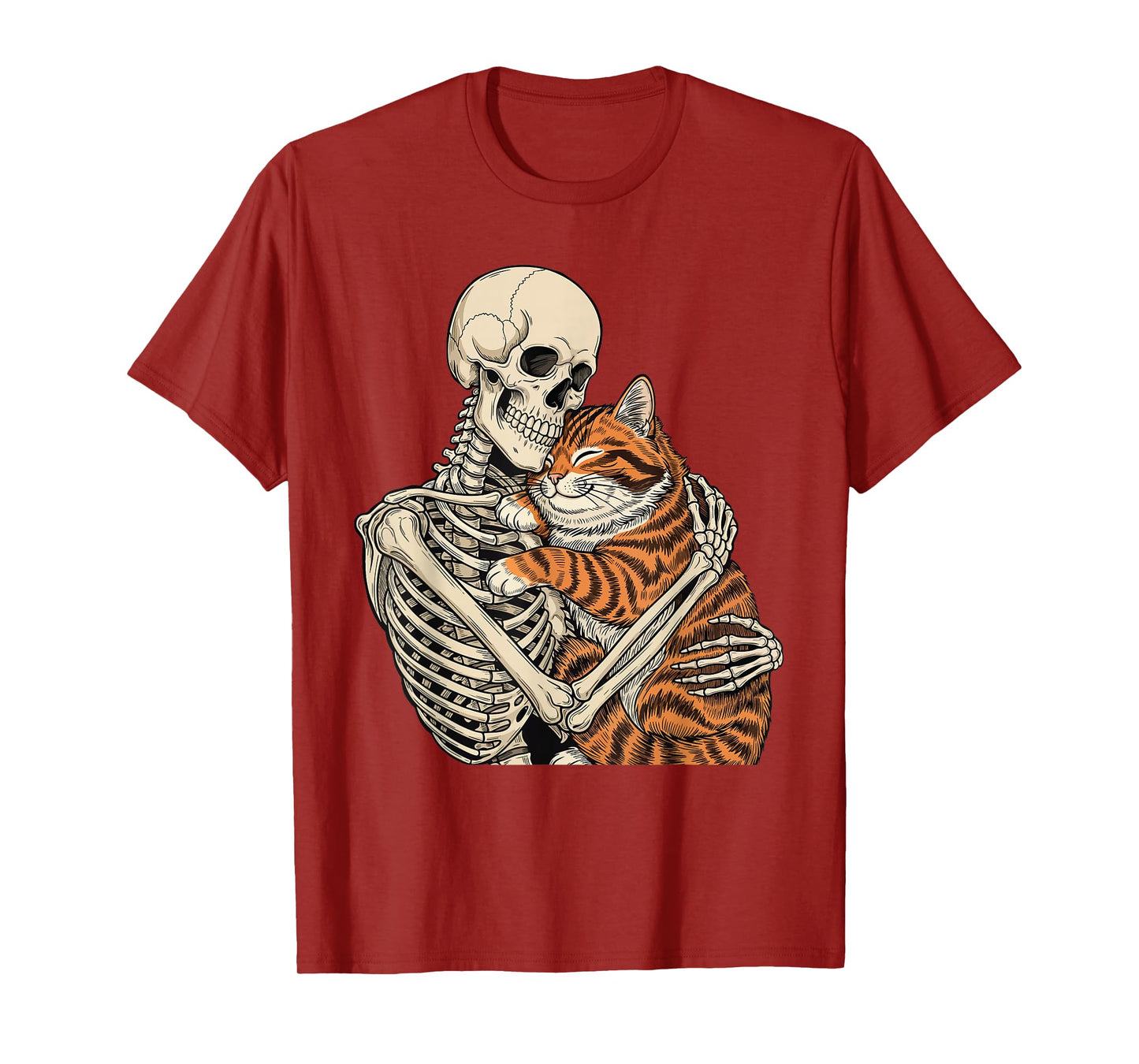 Skeleton Hugging Cat - Spooky Halloween Cat Lover Kitty T-Shirt