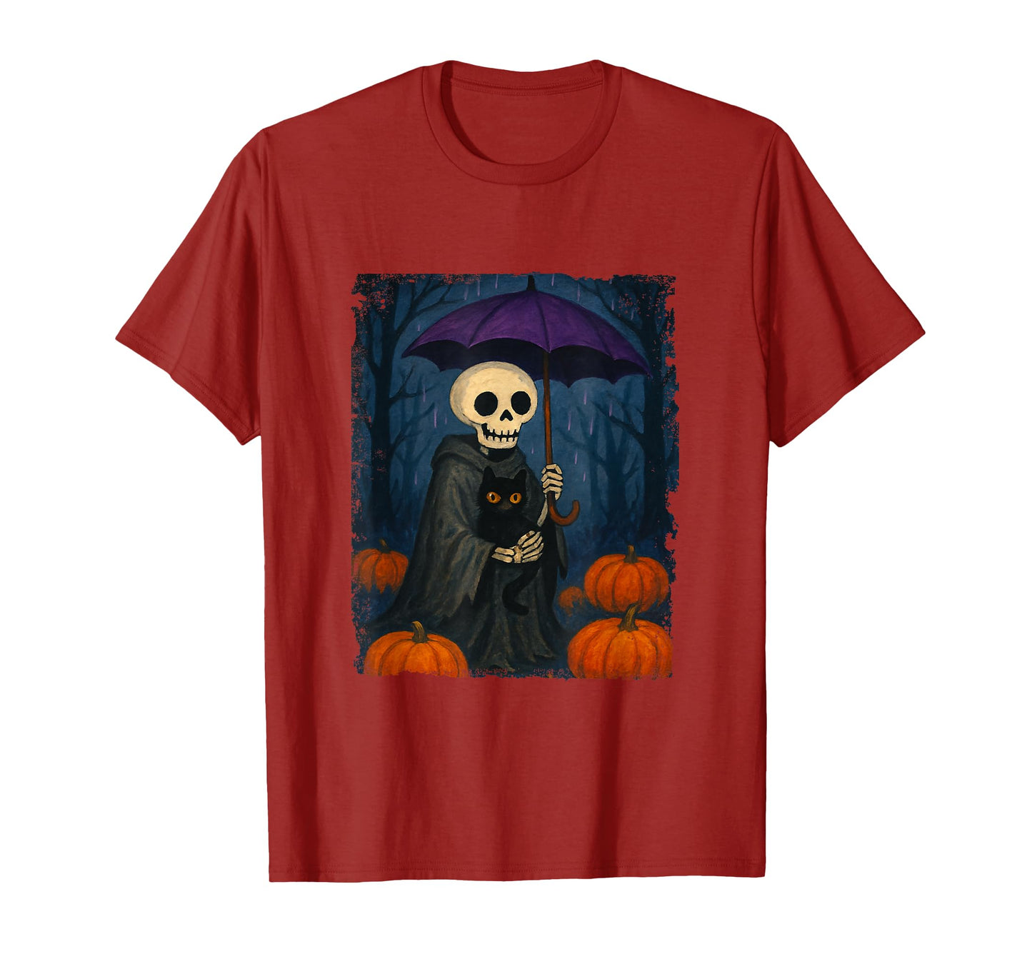 Skeleton Black Cat Purple Umbrella Pumpkin Halloween Design T-Shirt