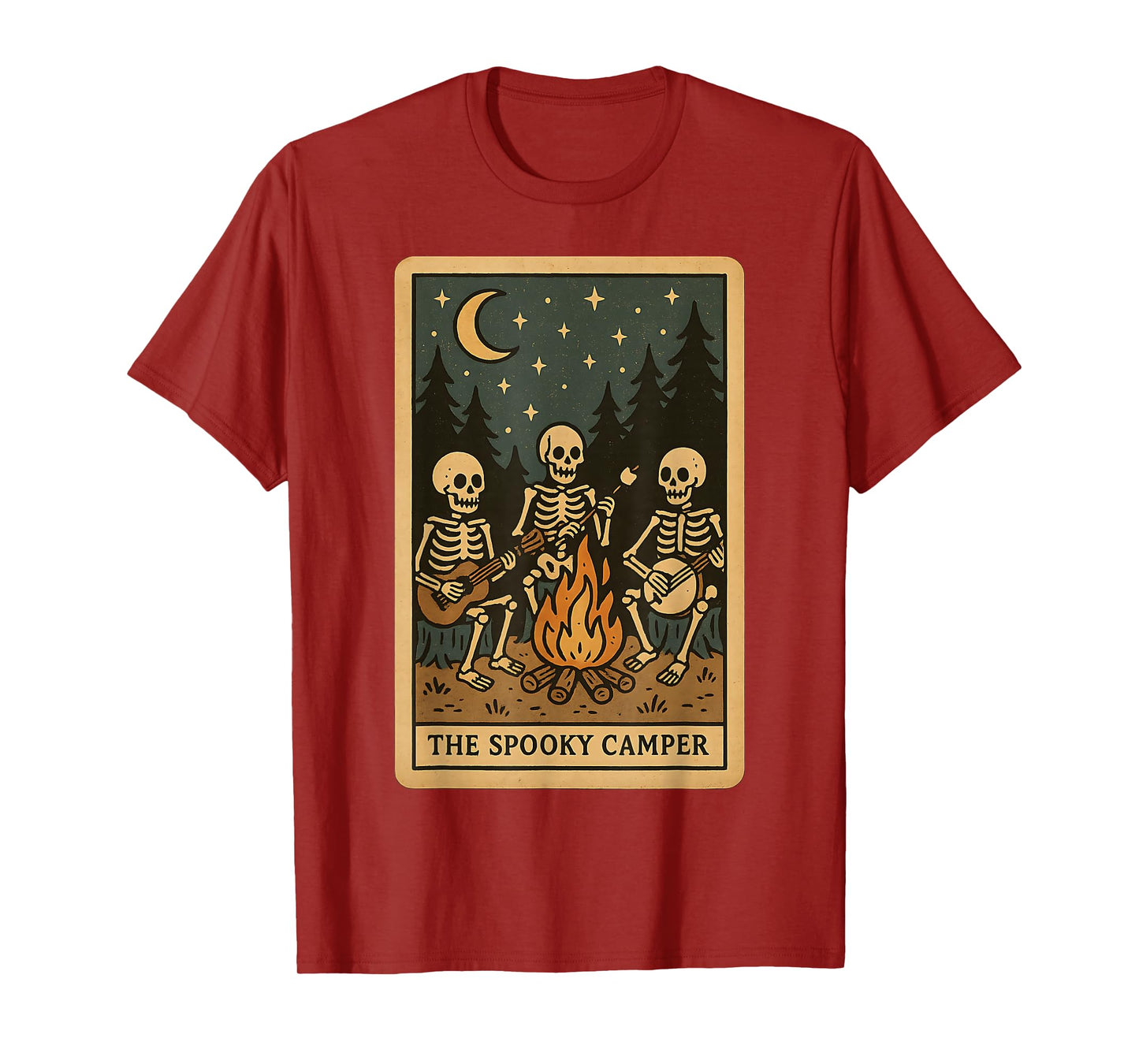 Spooky Skeleton Camper Halloween Night Campfire Retro Tarot T-Shirt