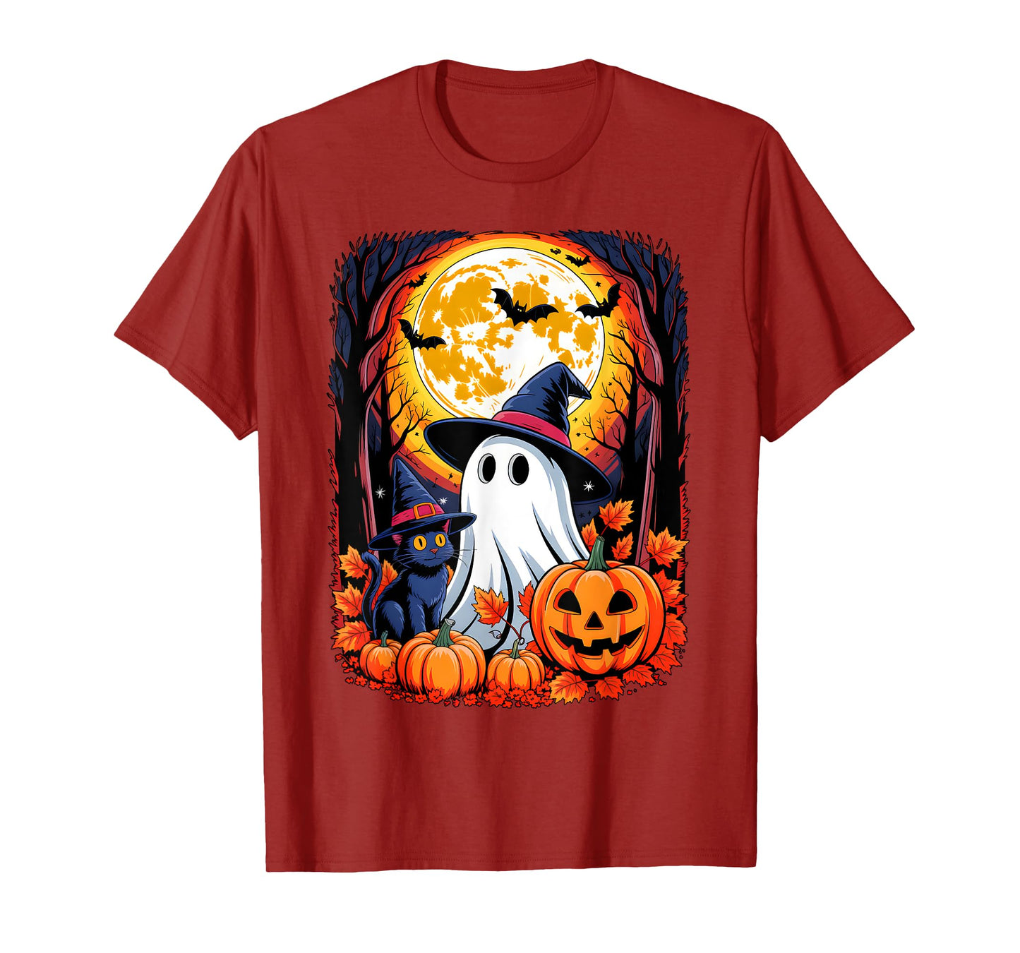 Cute Ghost Black Cat Halloween Witch Pumpkin Dark Forest T-Shirt