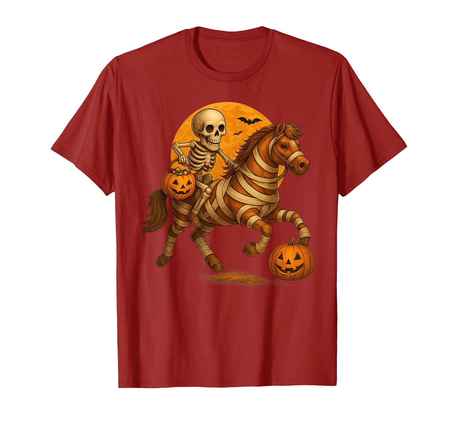 Skeleton Riding Mummy Horse Halloween Costume Funny Pumpkin T-Shirt