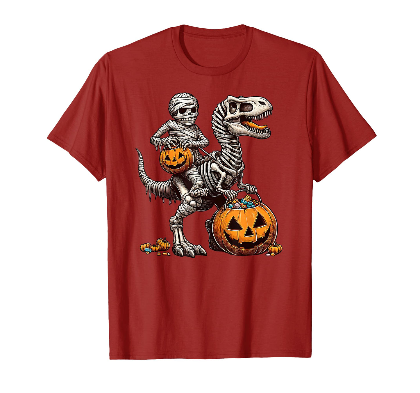 Mummy Skeleton Riding Dinosaur T Rex Pumpkin Moon T-Shirt