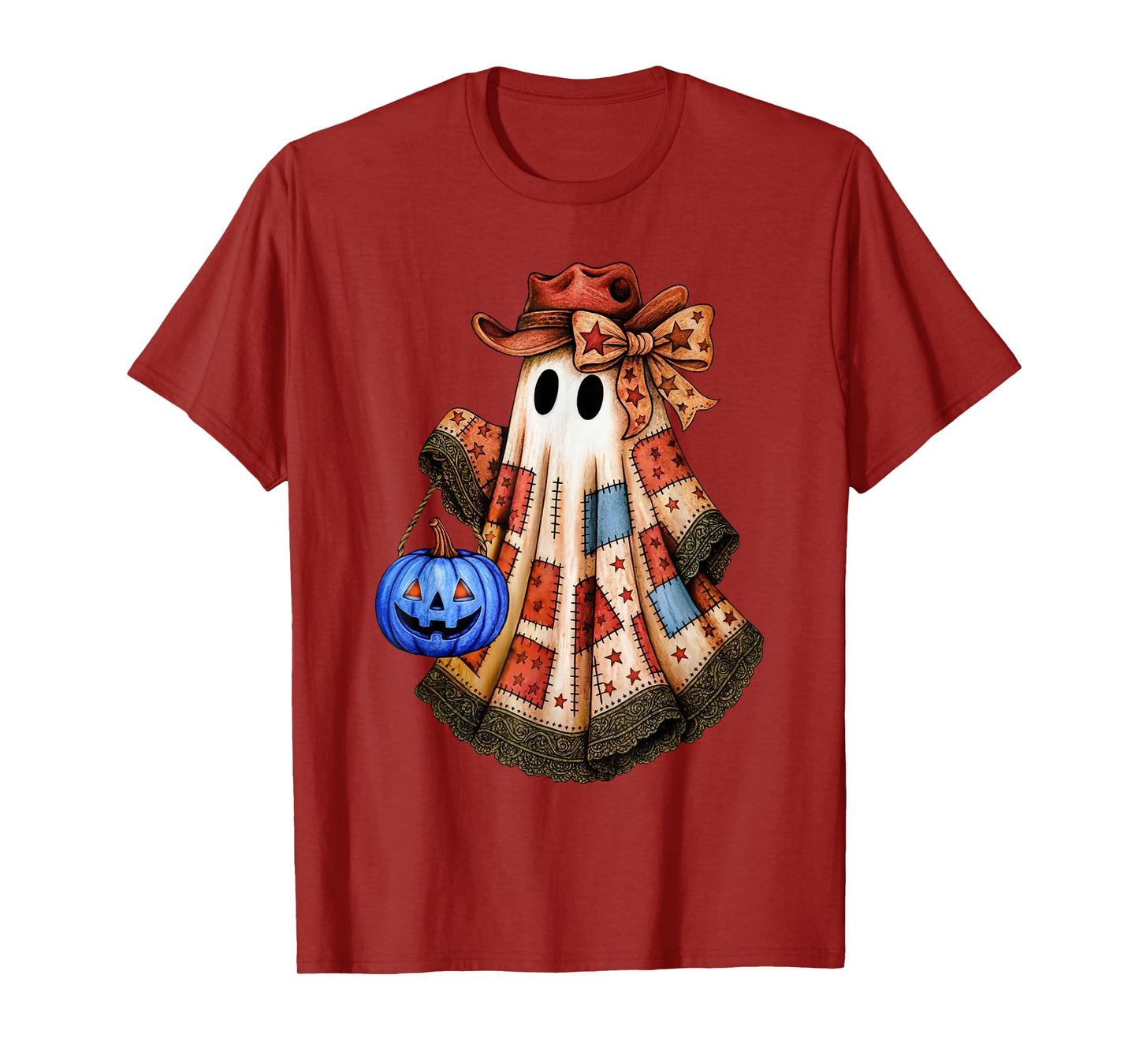 Preppy Girly Coquette Bow Patchwork Ghost Fall Halloween T-Shirt