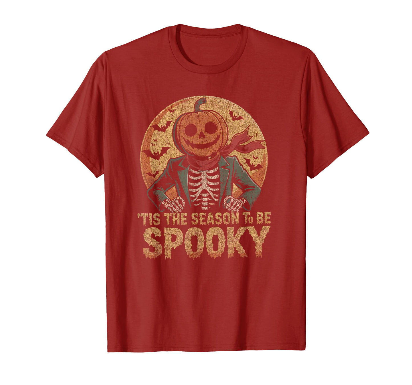 Skeleton with Pumpkin Head in Front of Full Moon and Bats T-Shirt