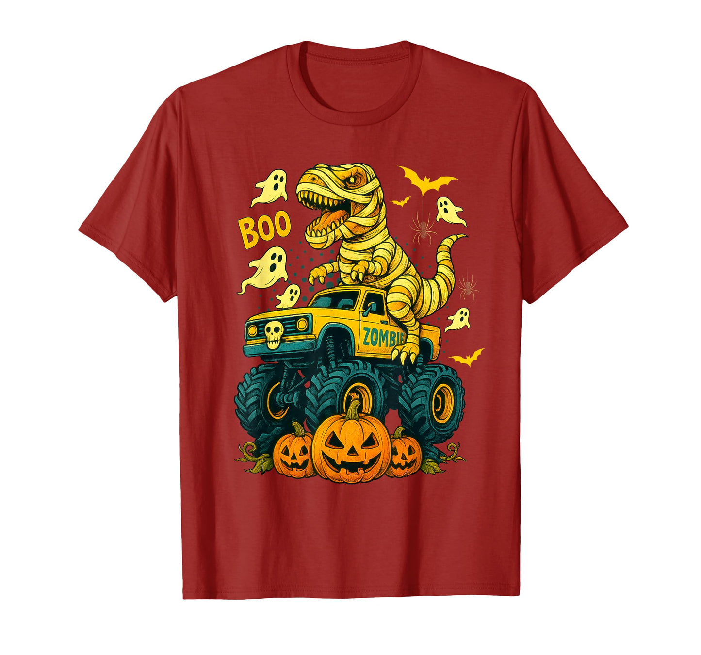 Mummy T Rex Dinosaur and Monster Truck Boo Pumpkin Halloween T-Shirt