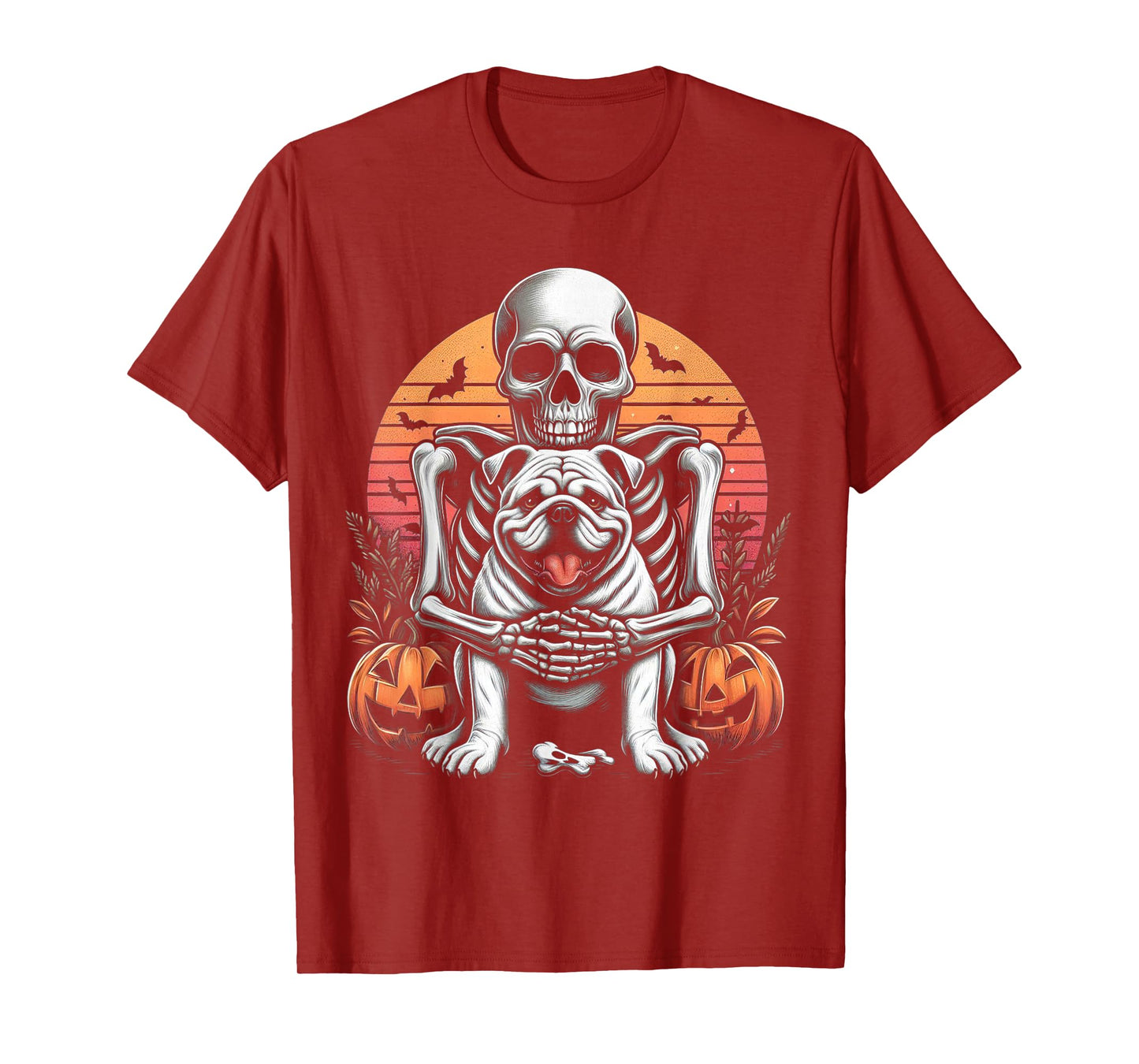Skeleton Hugging Bulldog Halloween Lover Mom Dad T-Shirt