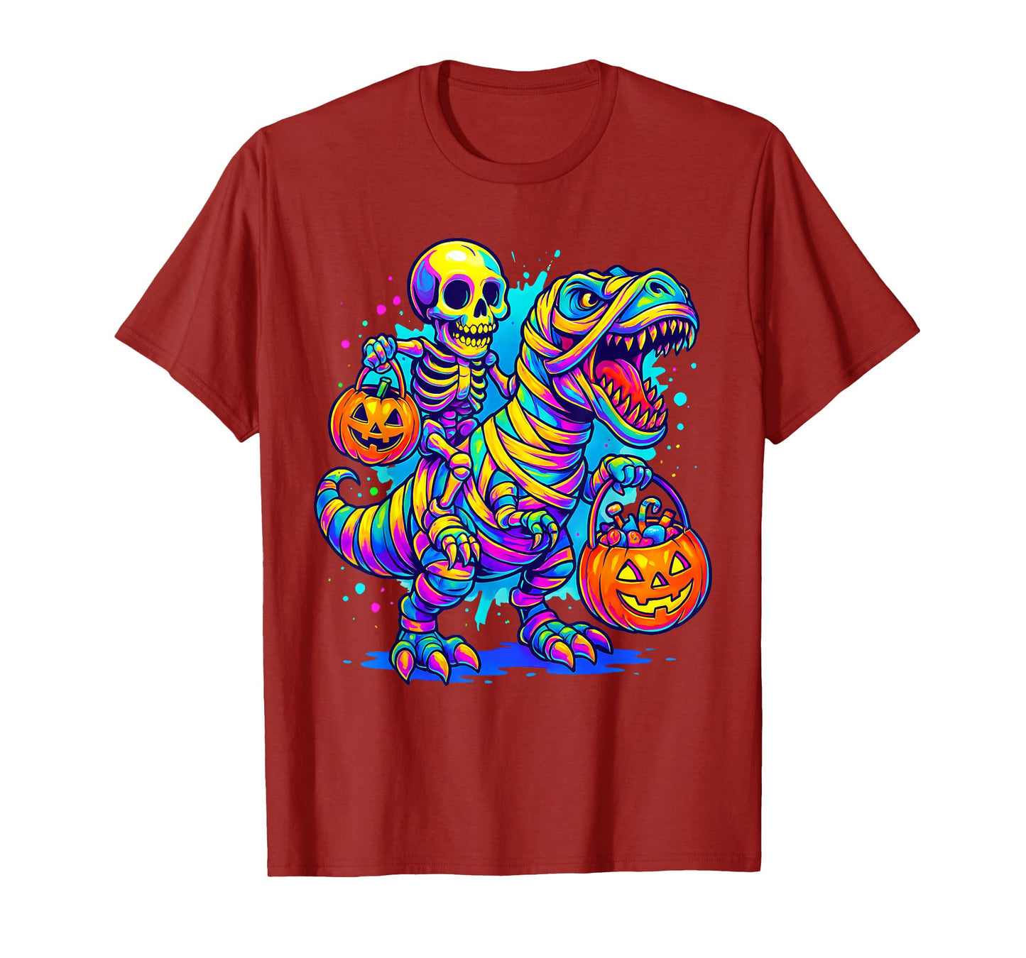 Skeleton Riding Mummy Dinosaur T rex Halloween Funny Pumpkin T-Shirt