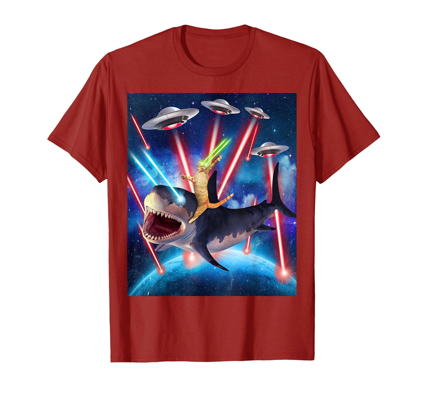 Space Cat Riding Shark Laser Eyes UFO Funny Kitty Cat T-Shirt for Men Women Girls Kids