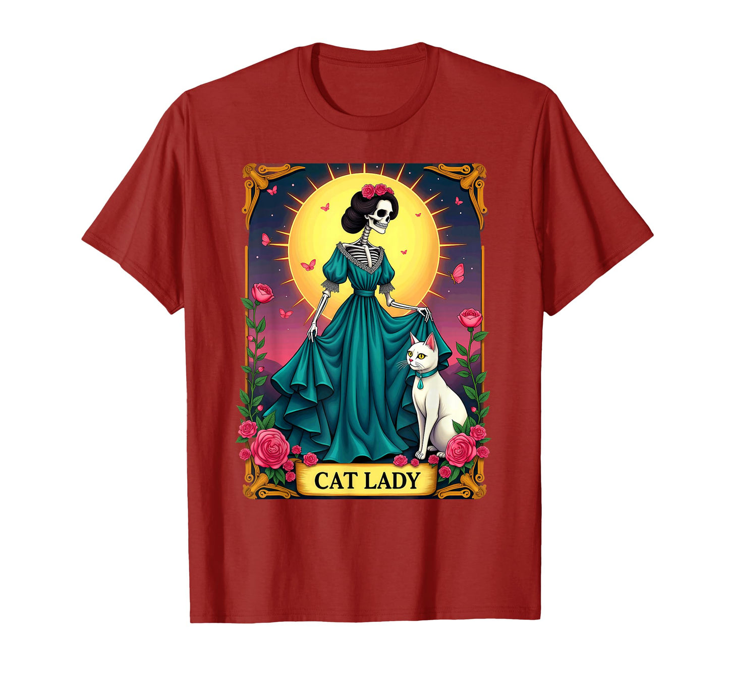 Retro Cat Lady Tarot Card Skeleton Halloween T-Shirt