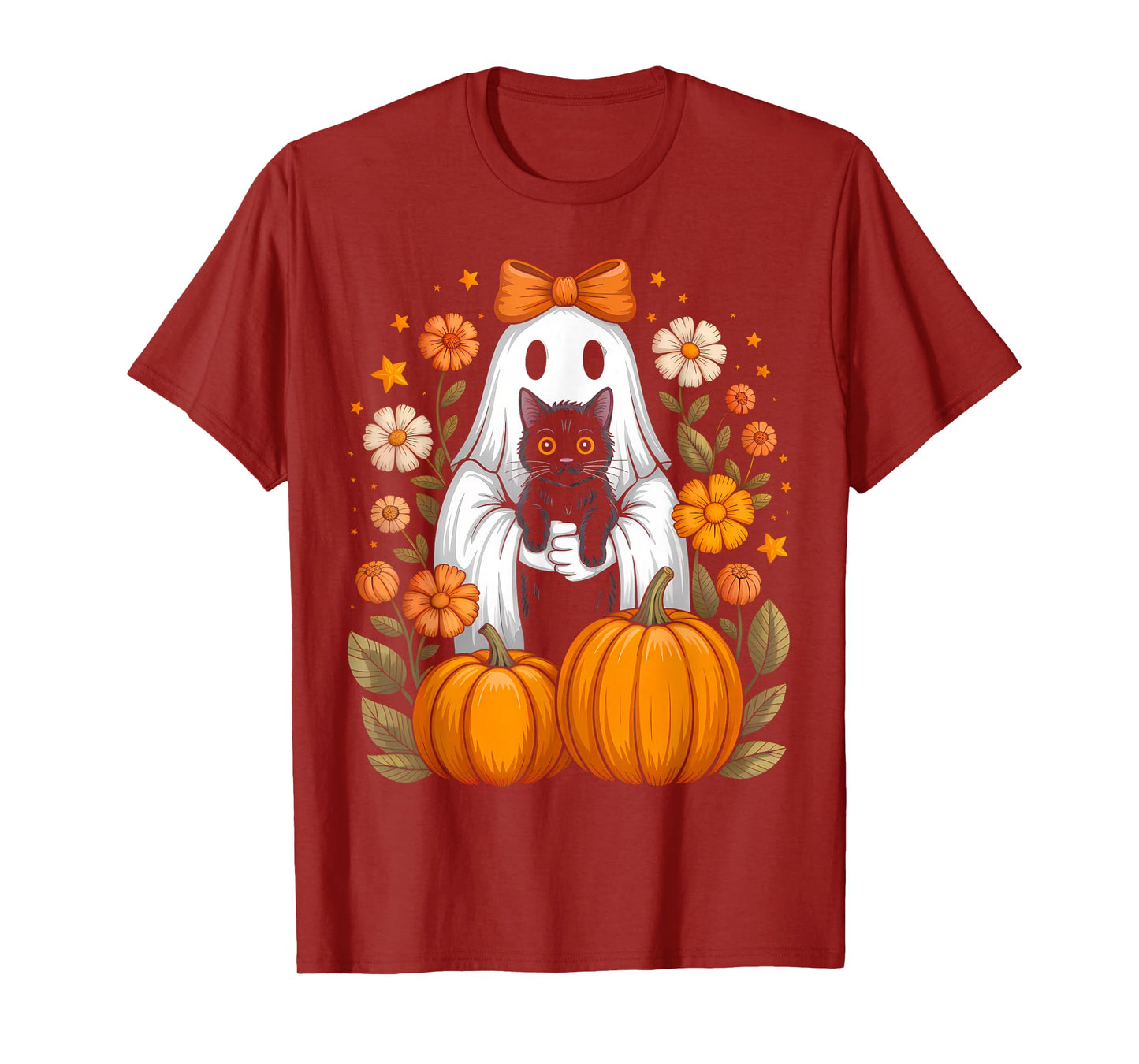 Funny Halloween Ghost Holding Black Cat Floral Pumpkin T-Shirt