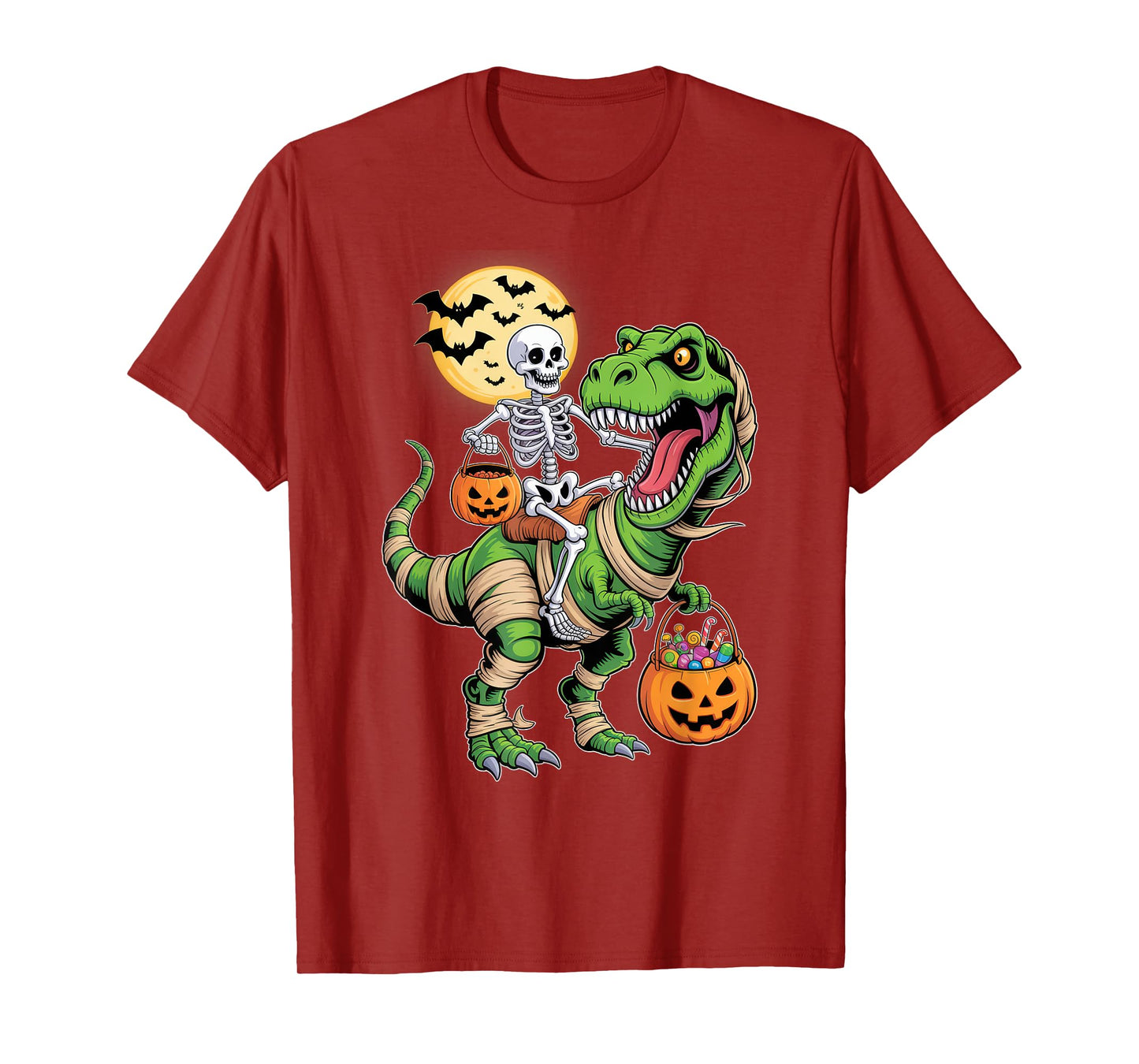 Skeleton Riding Mummy Dinosaur Pumpkin Spooky Trex Halloween T-Shirt