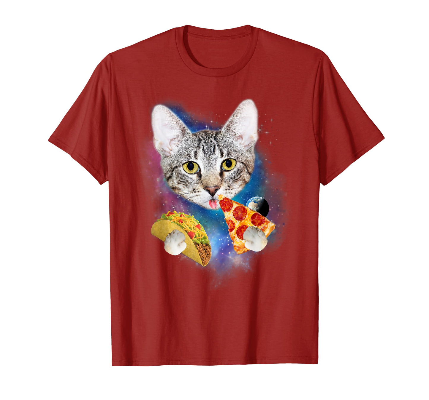 Funny Galaxy Cat Shirt | Space Cat Eat Pizza and Taco Shirt Men Women Kids T-Shirt
