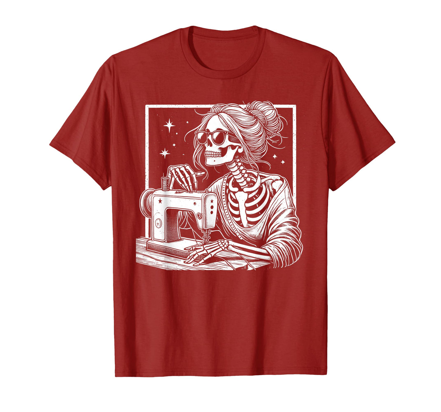 Bun Hair Skeleton Sewer Quilter Halloween Sew Womens Girls T-Shirt