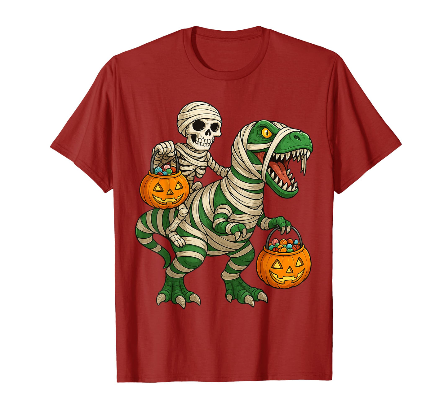 Skeleton Riding Mummy Dinosaur Funny Halloween Costume Kids T-Shirt