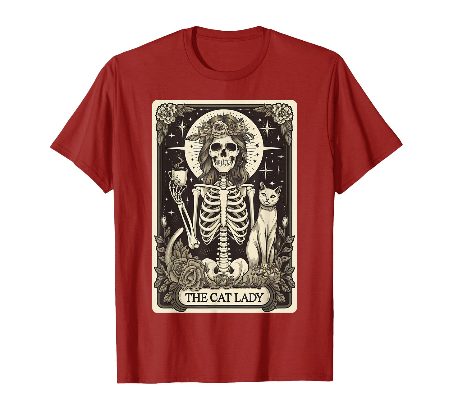 The Cat Lady Tarot Cards Skeleton Coffee Cats Halloween T-Shirt