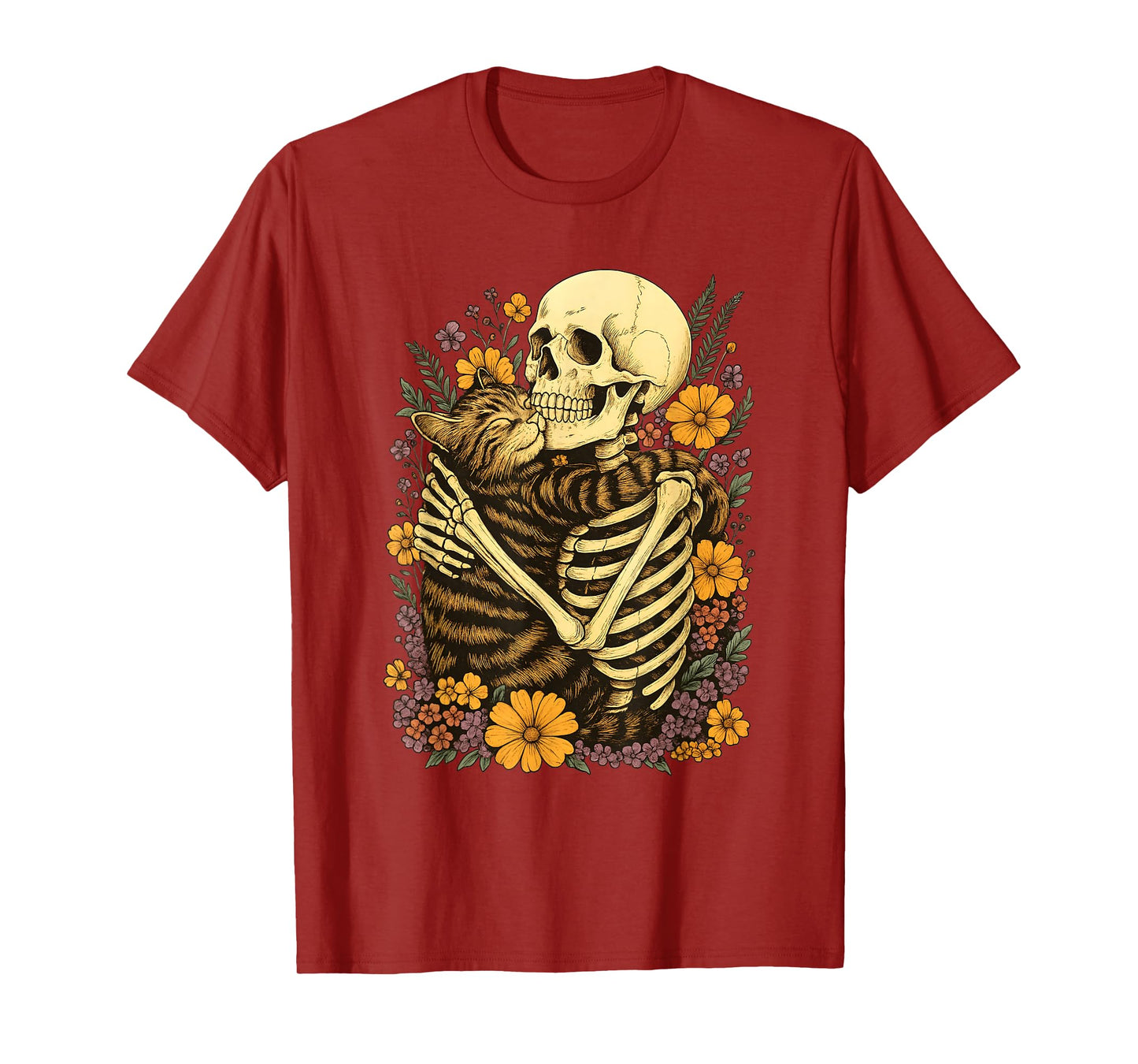 Skeleton Hugging Cat Floral Halloween Creepy Cute T-Shirt