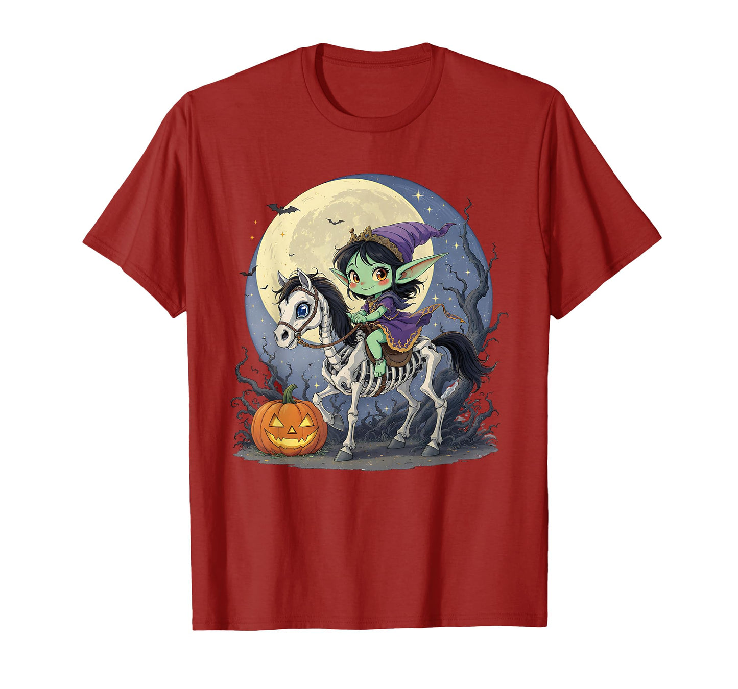 Halloween Girl Dark Elf Goblin Troll Riding Horse Skeleton T-Shirt