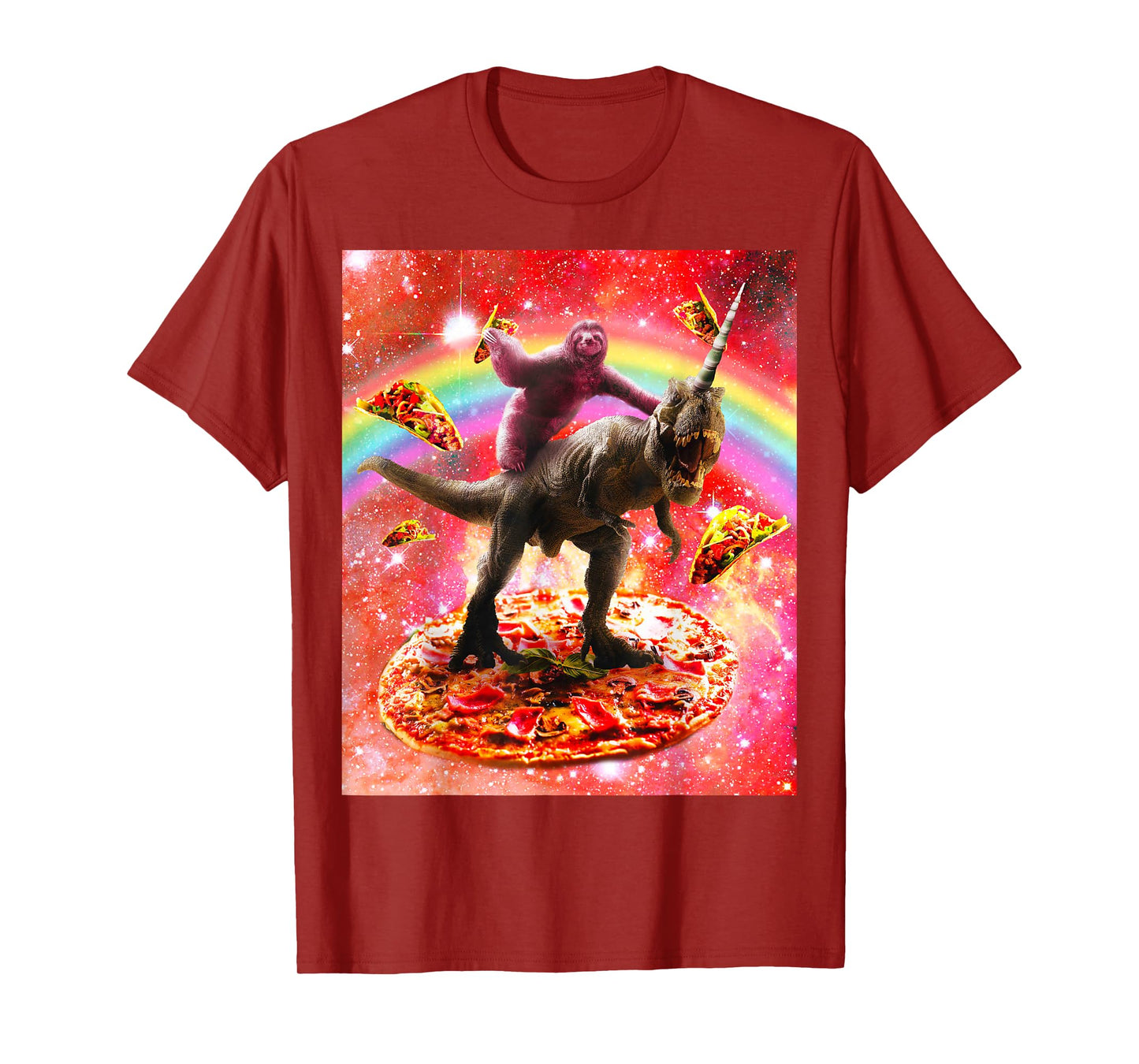 Space Sloth Riding Dinosaur Unicorn - Pizza & Taco T-Shirt