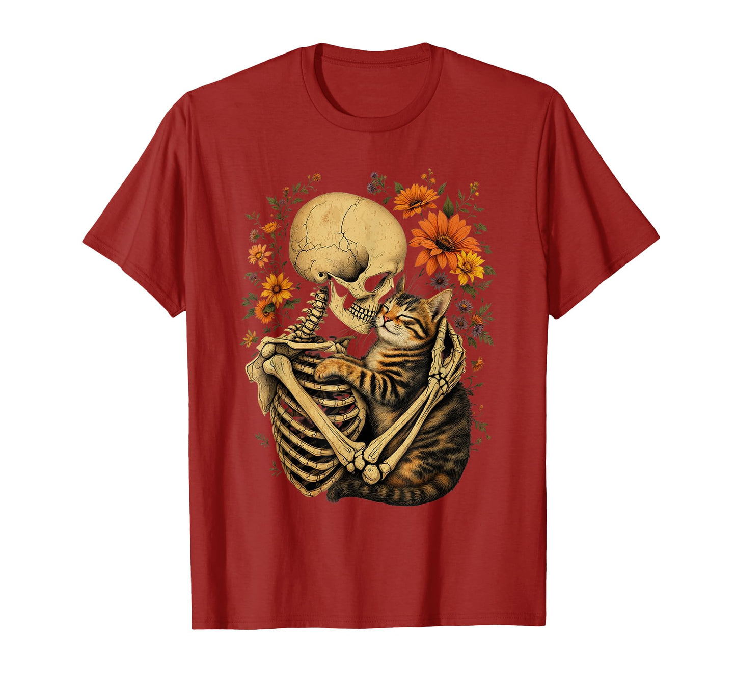 Skeleton Hugging Cat Floral Halloween Cat Lover Mom Costume T-Shirt