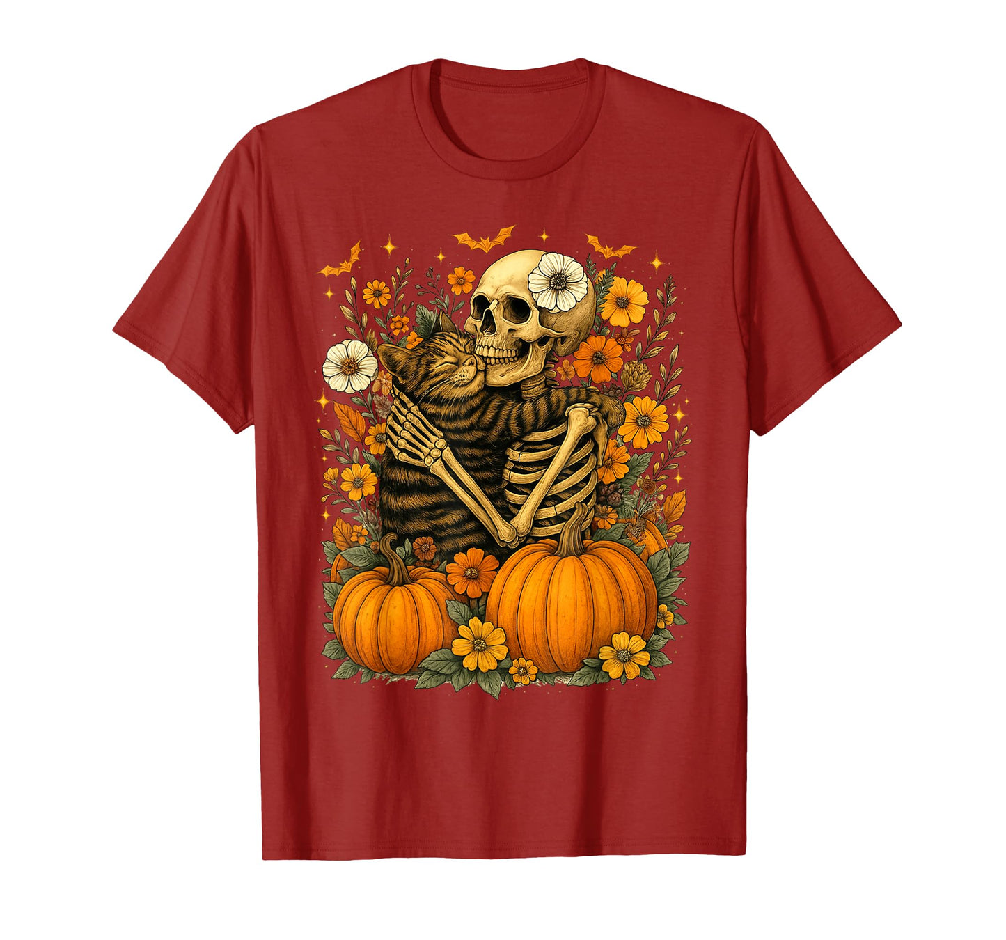 Retro Floral Skeleton Hugging Cat Halloween Cats Lover Women T-Shirt