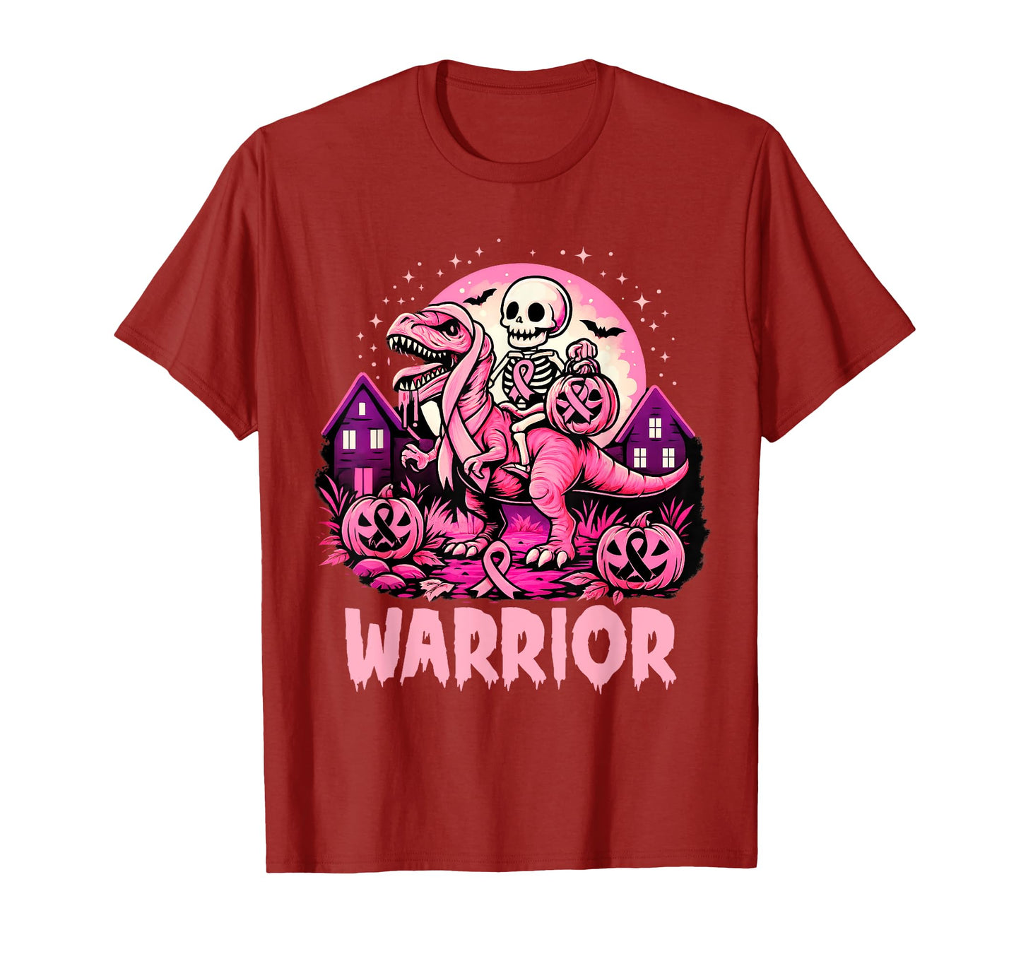 Skeleton Dinosaur T Rex Scary Pumpkin Breast Cancer Warrior T-Shirt