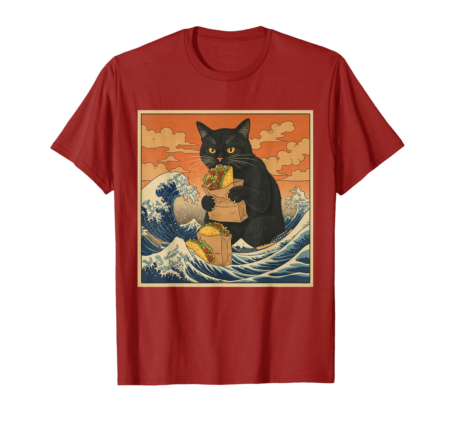 Funny Black Cat Eating Tacos Japanese Art Men Women Kid T-Shirt